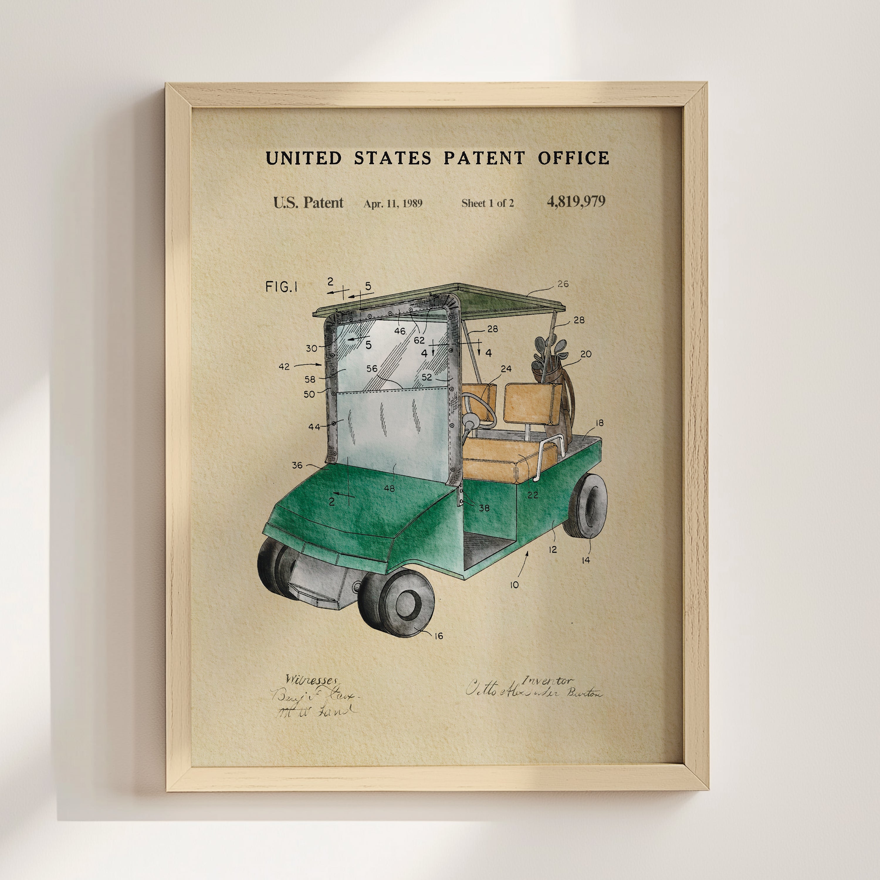 The image is a framed patent drawing of a golf cart, depicting the design and features of the vehicle.