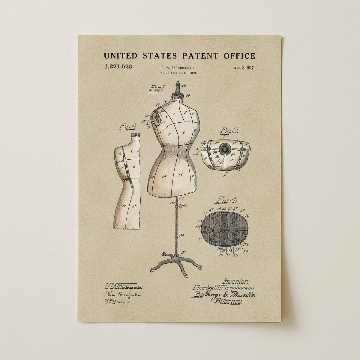 The image is a patent drawing from the United States Patent Office, dated April, 1907, depicting a mannequin with various measurements and specifications.