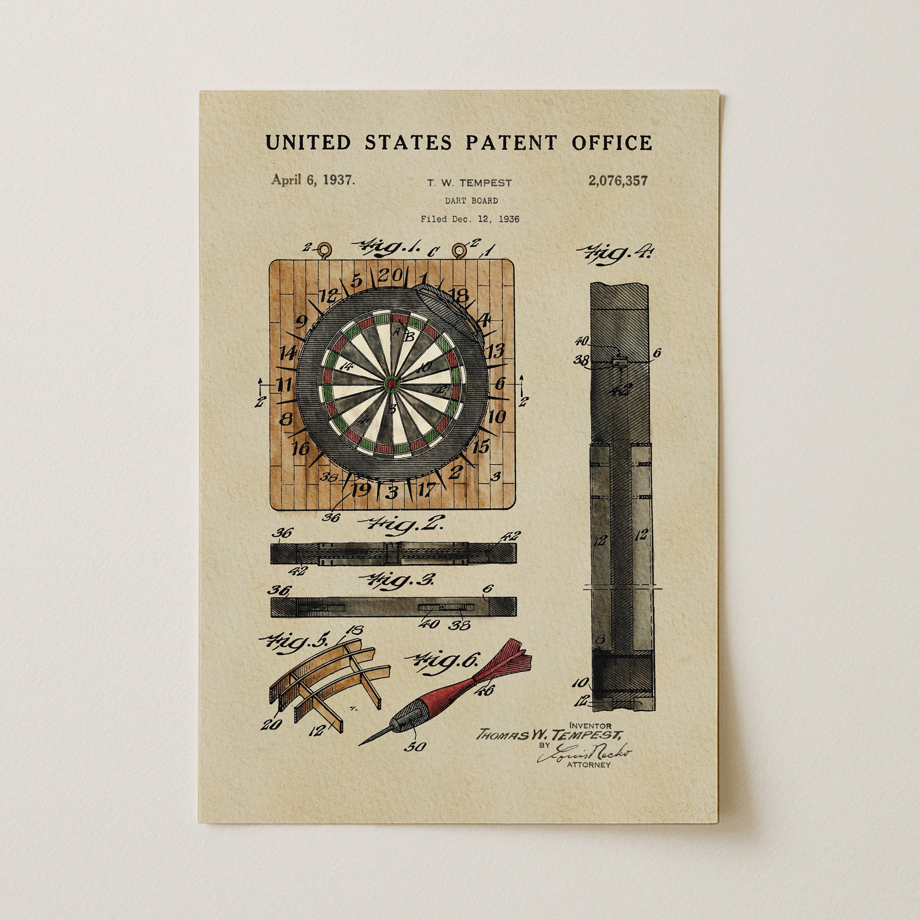 The image is a patent drawing from the United States Patent Office, dated April 6, 1937, and showing a dartboard, a dart, and a dart chute.