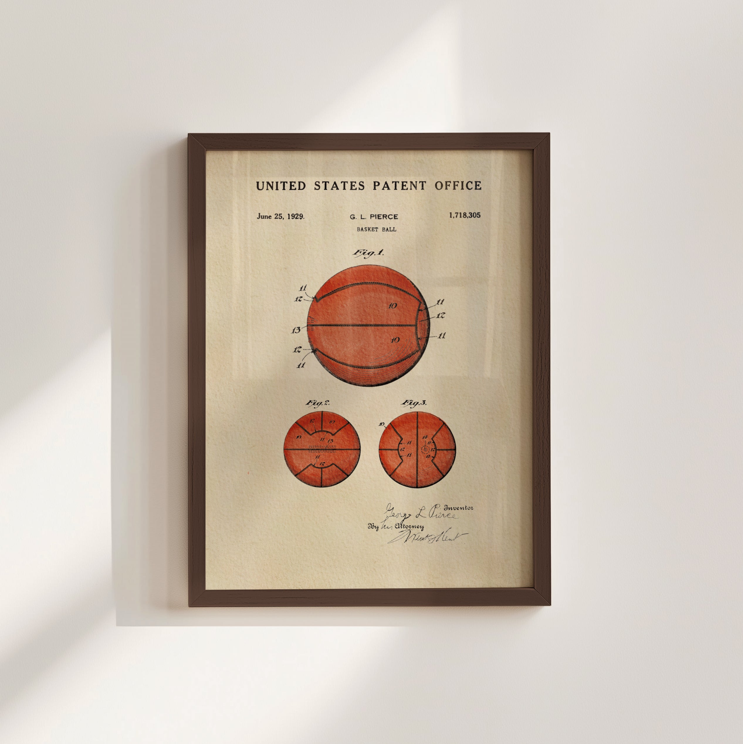 The image is a framed vintage basketball patent drawing from June 25, 1959, depicting the original design of a basketball.