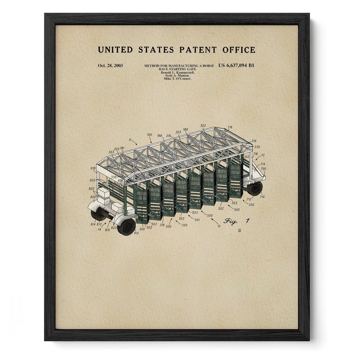 The image is a framed patent drawing depicting a vehicle with a unique design, likely inspired by the work of a renowned artist.