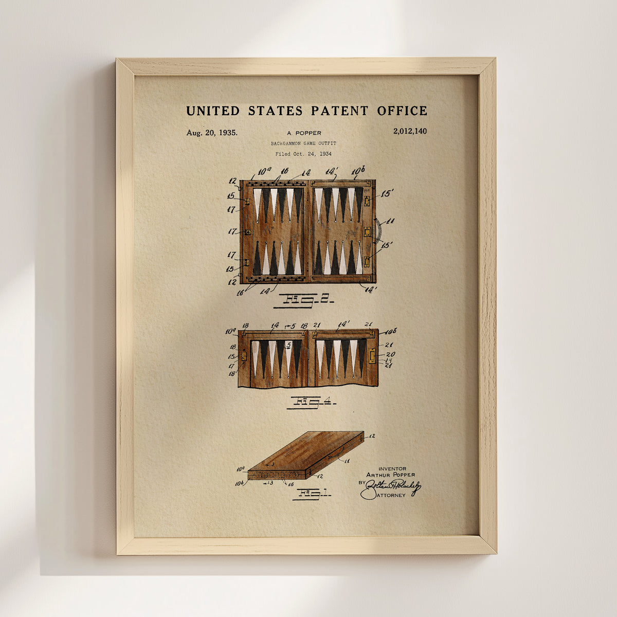 The image is a framed patent drawing depicting a backgammon game, with detailed technical drawings and annotations.