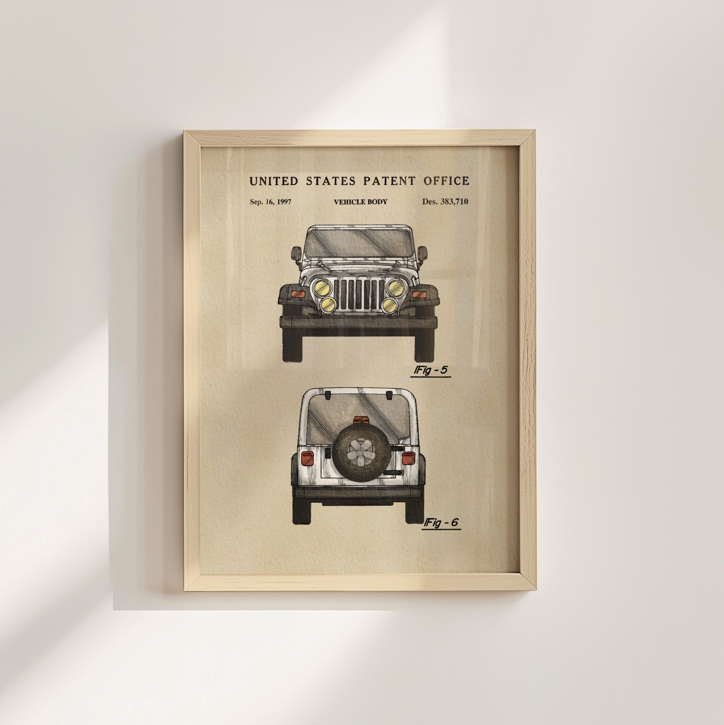 The image is a framed patent drawing of a vehicle, specifically a Jeep, with two views of the vehicle's design.