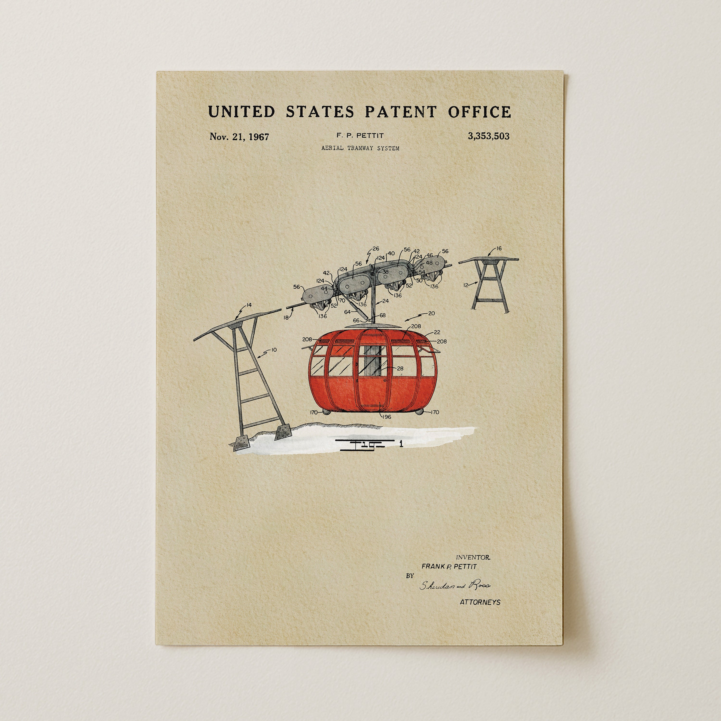 The image is a patent application from the United States Patent Office, dated November 21, 1967, for an aerial tram system.