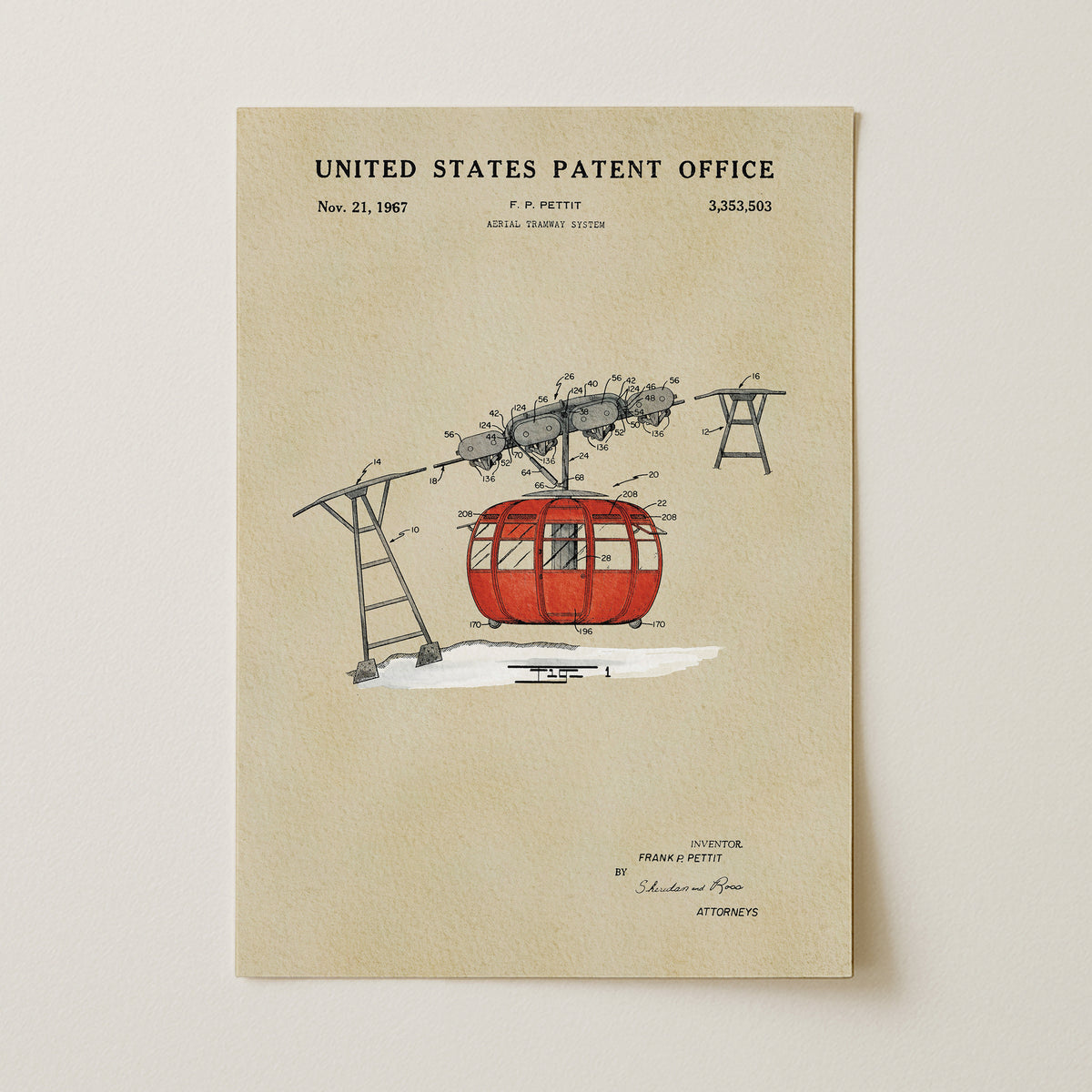 The image is a patent application from the United States Patent Office, dated November 21, 1967, for an aerial tram system.