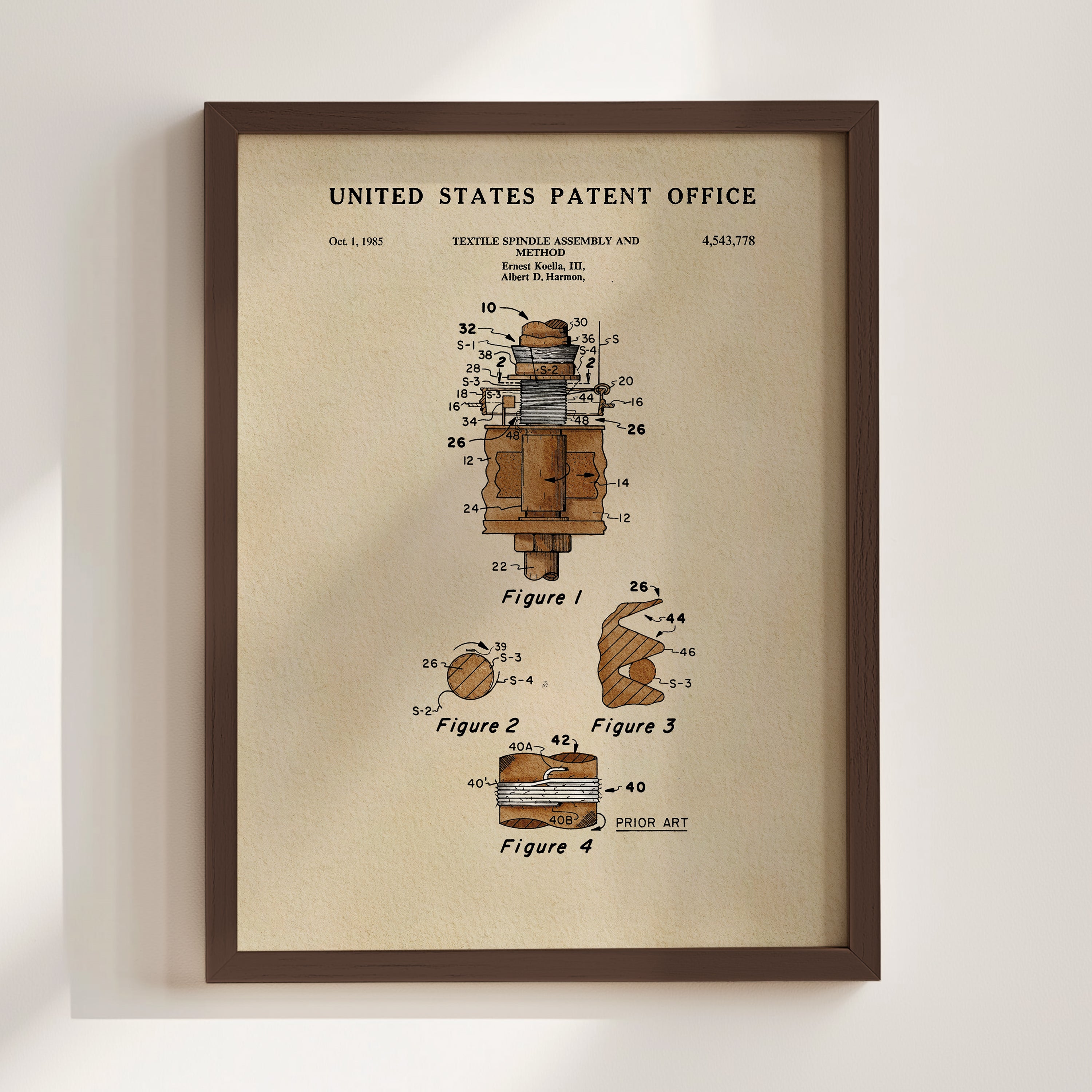 The image is a framed patent drawing from the United States Patent Office, depicting a textile spindle and a spinning wheel.