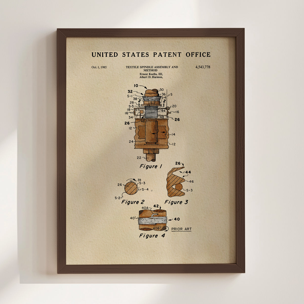 The image is a framed patent drawing from the United States Patent Office, depicting a textile spindle and a spinning wheel.