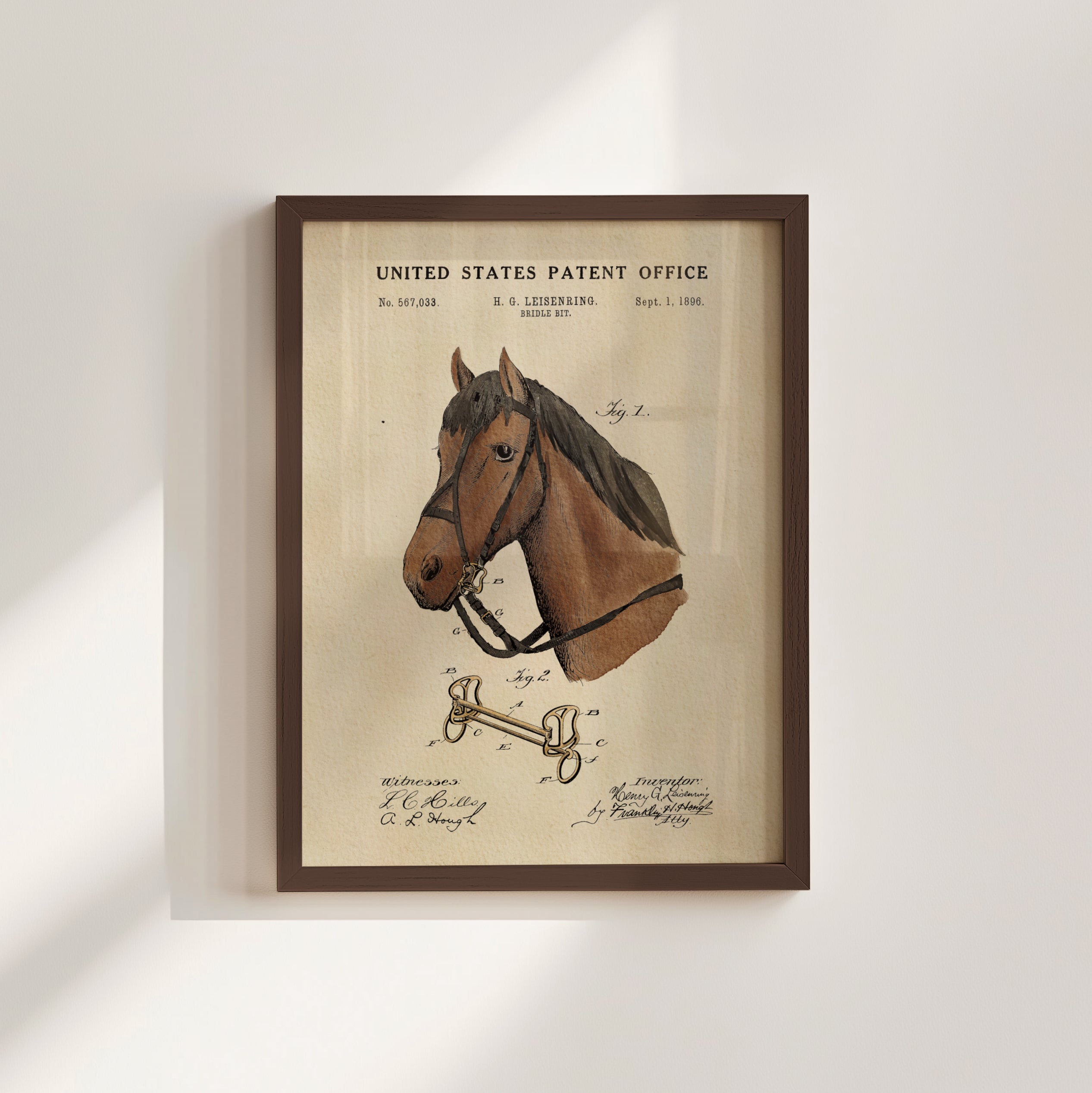 The image is a framed patent drawing of a horse, depicting its head and harness.