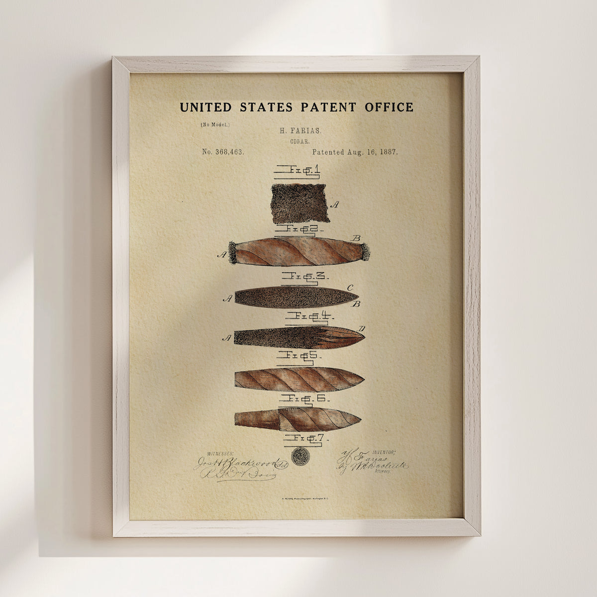 The image is a framed print of a United States patent office patent filing from 1887, featuring a detailed drawing and description of a cigar.