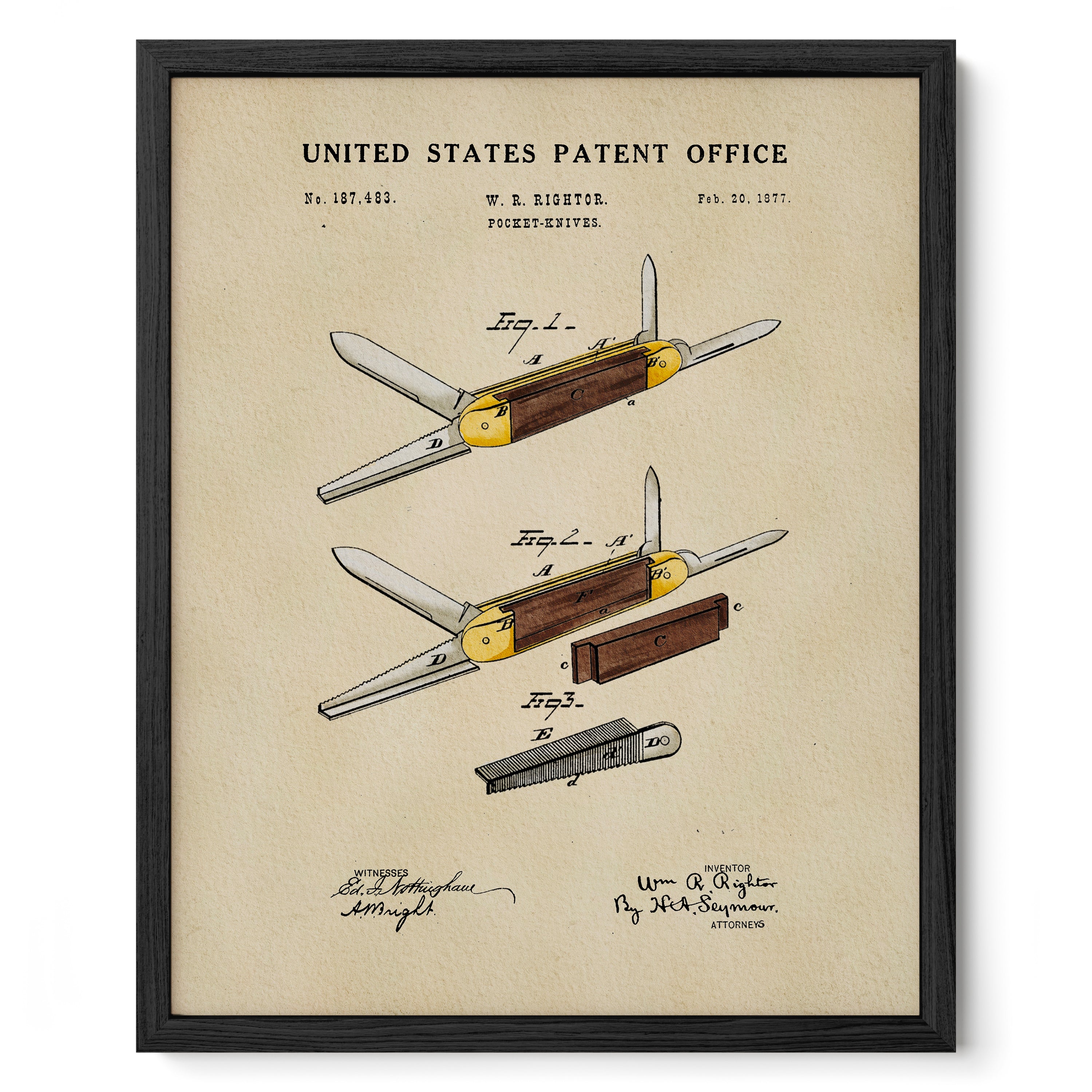 The image is a framed print depicting a patent drawing of a folding knife with a wooden handle and a metal blade.