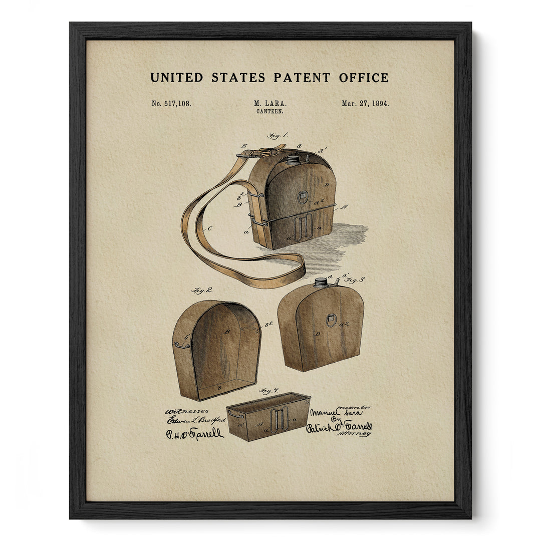 The image is a framed print depicting a patent application for a wooden box, specifically a "CAMERA" designed by "C. L. LABORATORY". The image shows the box in various positions, including one with a strap and another with a handle. The text "UNITED STATES PATENT OFFICE" is visible, along with the date "Mar. 27, 1994".