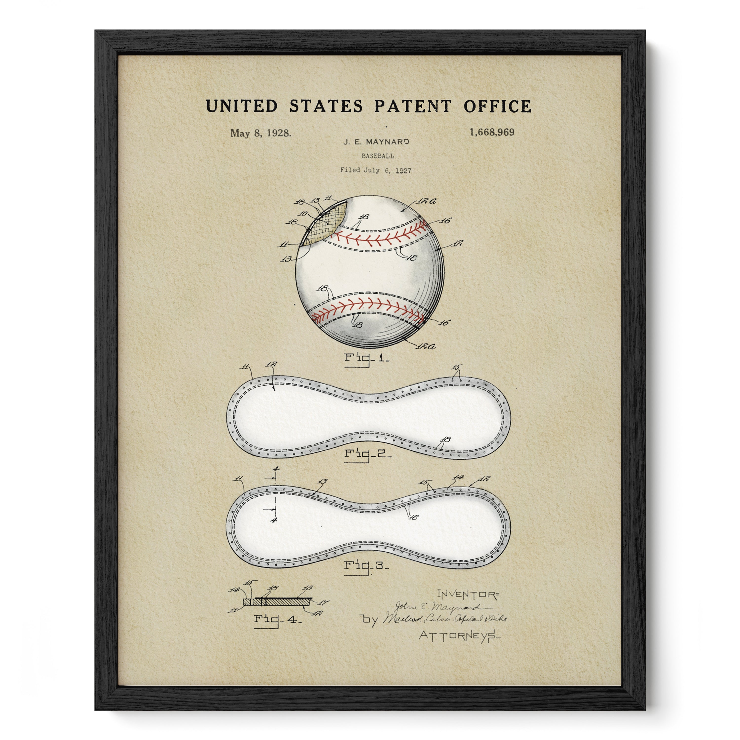 The image is a framed print of a baseball patent from the United States Patent Office, dated May 8, 1928, and showing a detailed drawing and description of a baseball.
