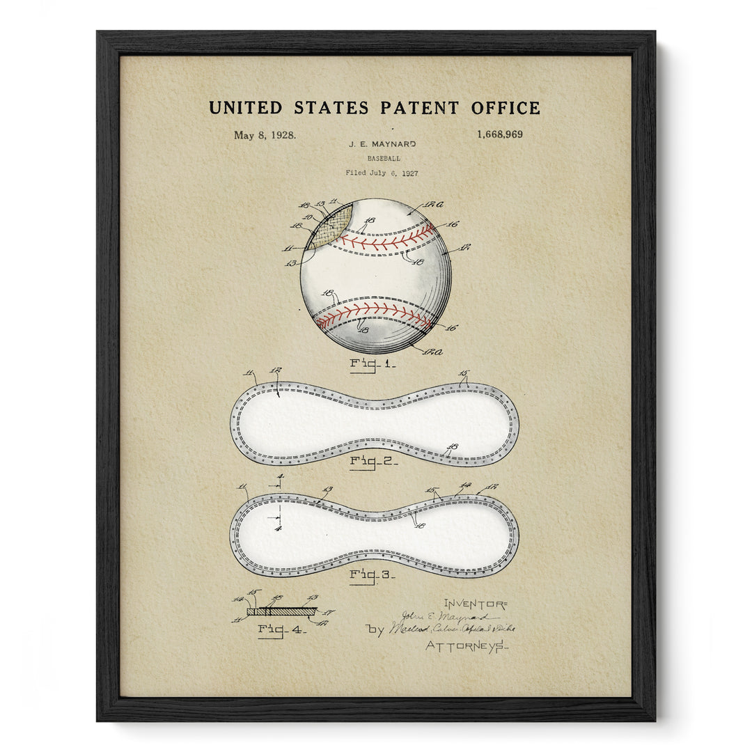 The image is a framed print of a baseball patent from the United States Patent Office, dated May 8, 1928, and showing a detailed drawing and description of a baseball.