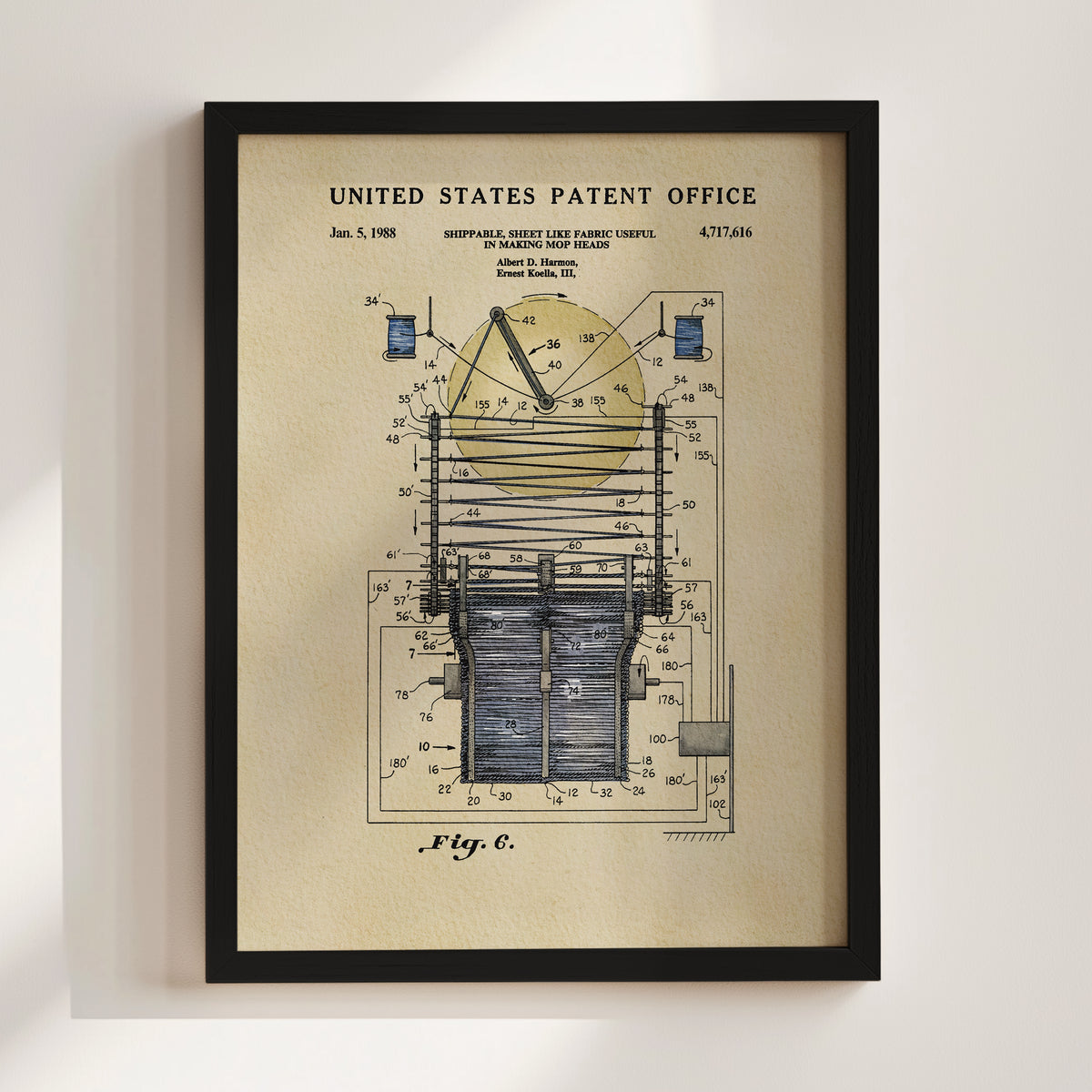 The image is a framed patent drawing depicting a ship's life-like fabric fabric use, created by Albert D. Koehler in 1985.