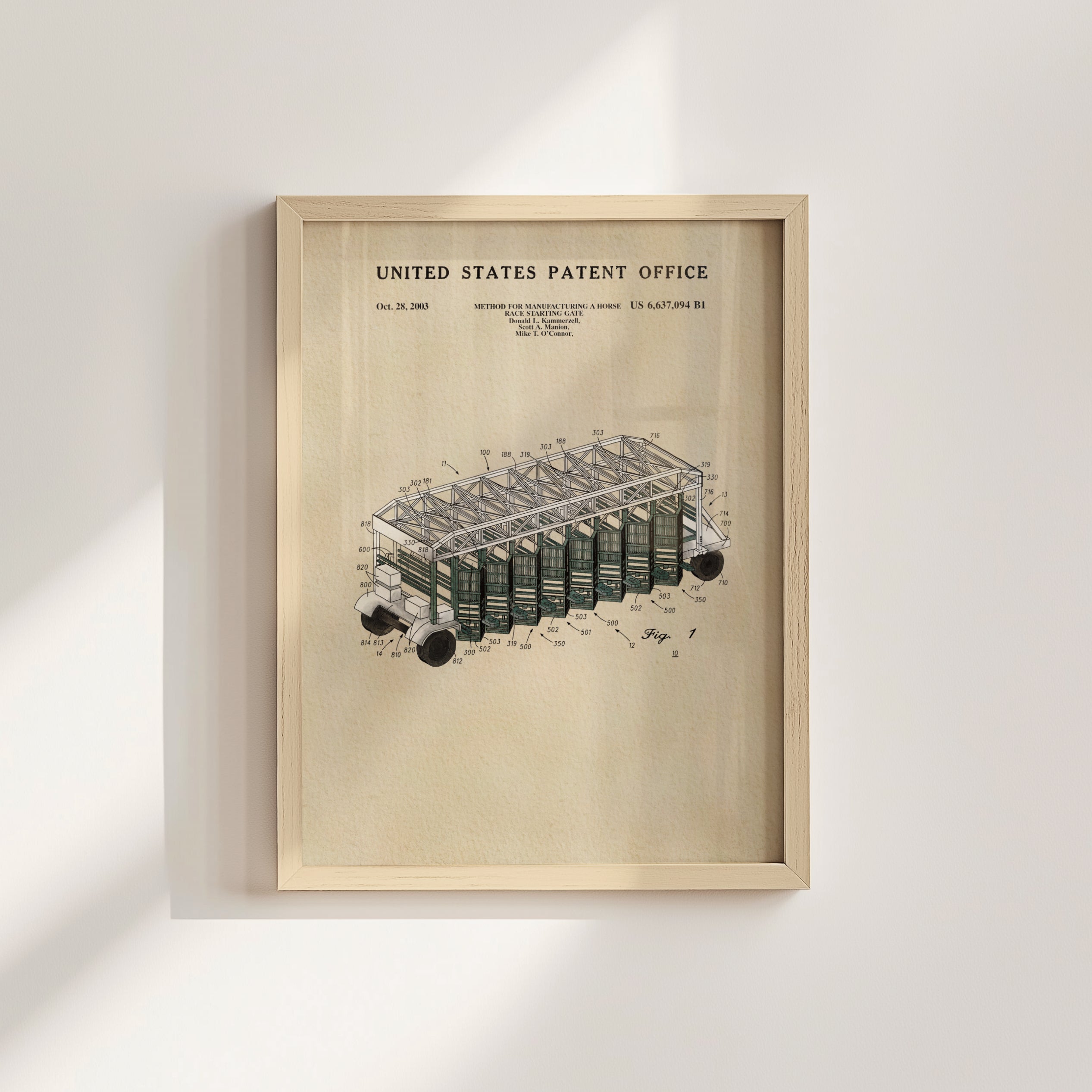 The image is a framed patent drawing depicting a vehicle with a detailed technical drawing and specifications.