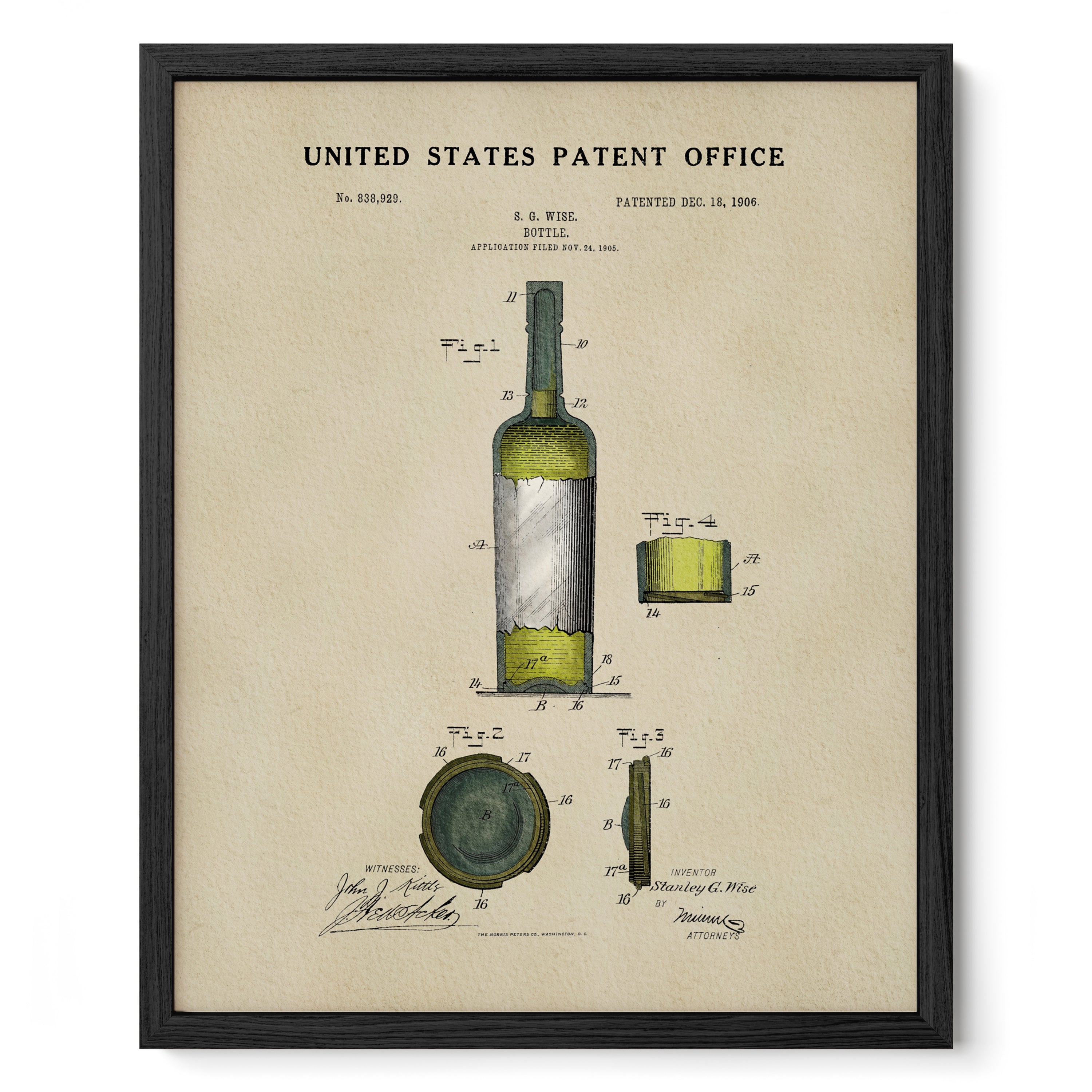 The image is a framed patent drawing depicting a wine bottle and its components, including the label and the cork.