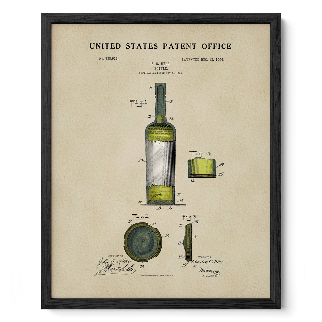 The image is a framed patent drawing depicting a wine bottle and its components, including the label and the cork.