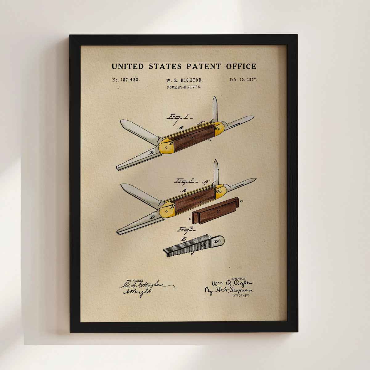 The image is a framed patent drawing depicting a folding knife with multiple blades and a handle.