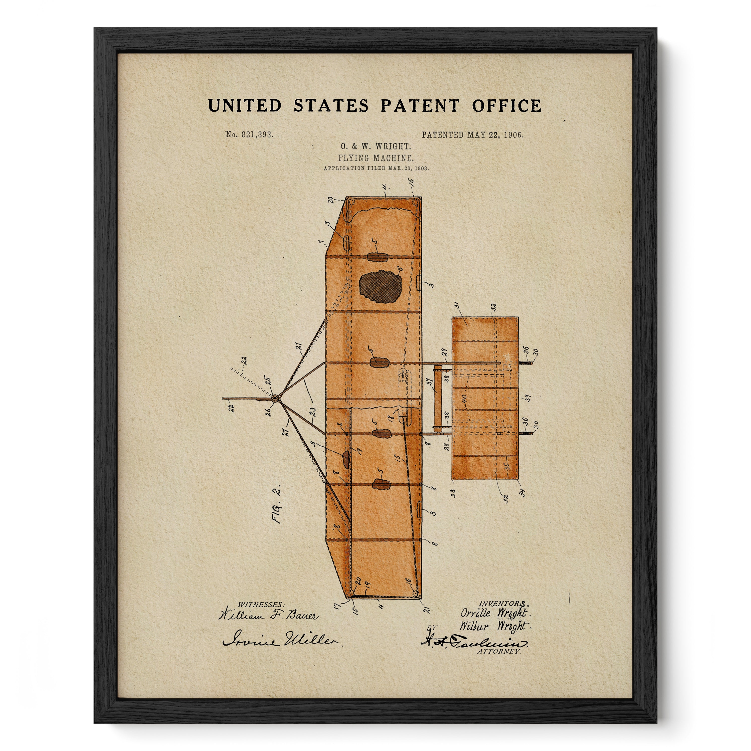 The image is a framed vintage patent drawing depicting a wooden structure with various geometric shapes and measurements.