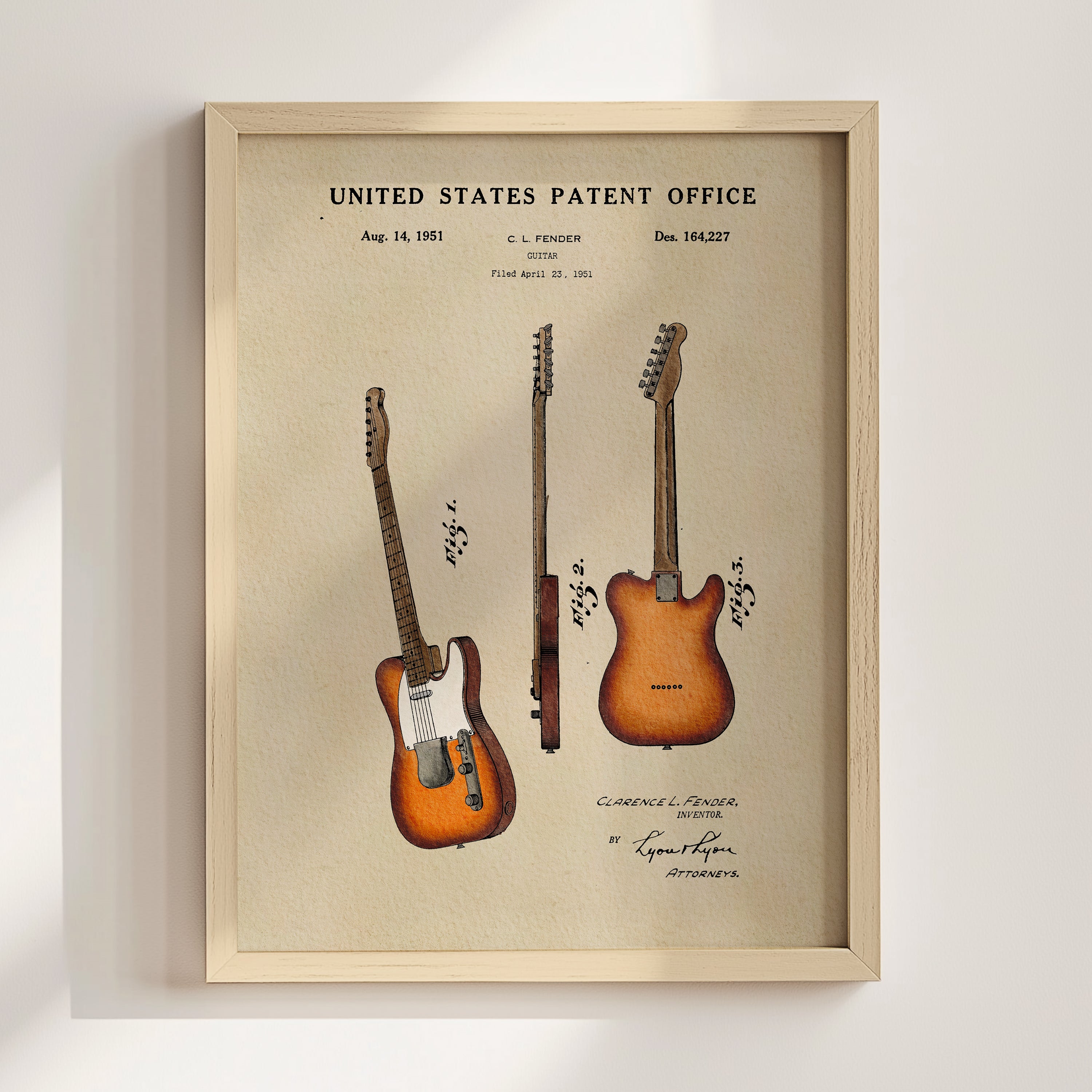 The image is a framed patent drawing of a guitar, depicting three different types of guitars with detailed illustrations.