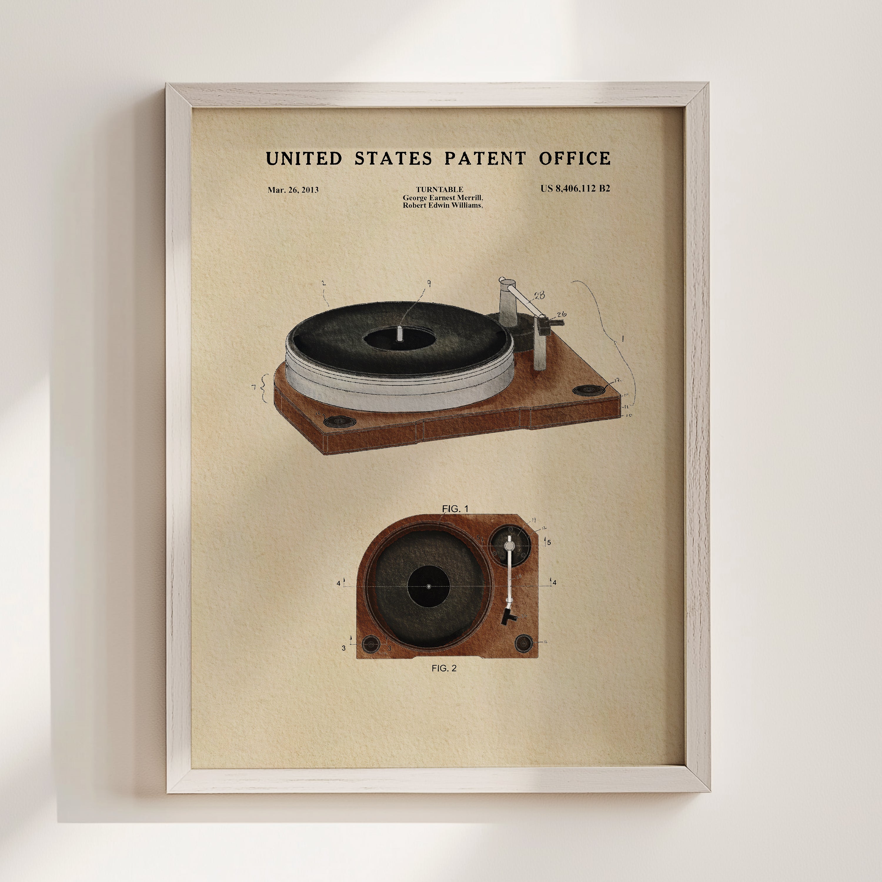 The image is a framed vintage patent drawing of a turntable, depicting the design and features of the turntable in a detailed manner.