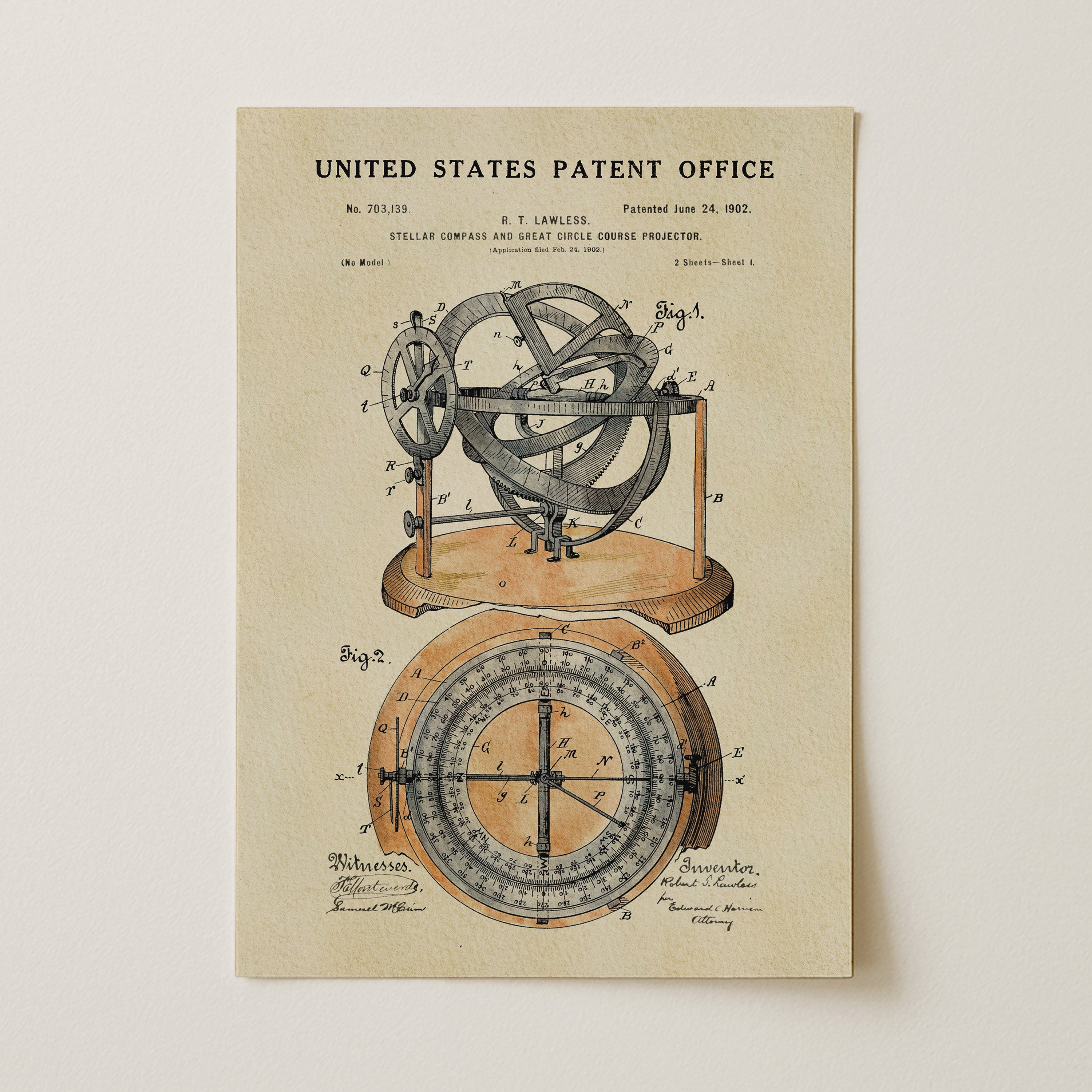 The image is a vintage United States patent office patent drawing depicting a compass and a telescope.