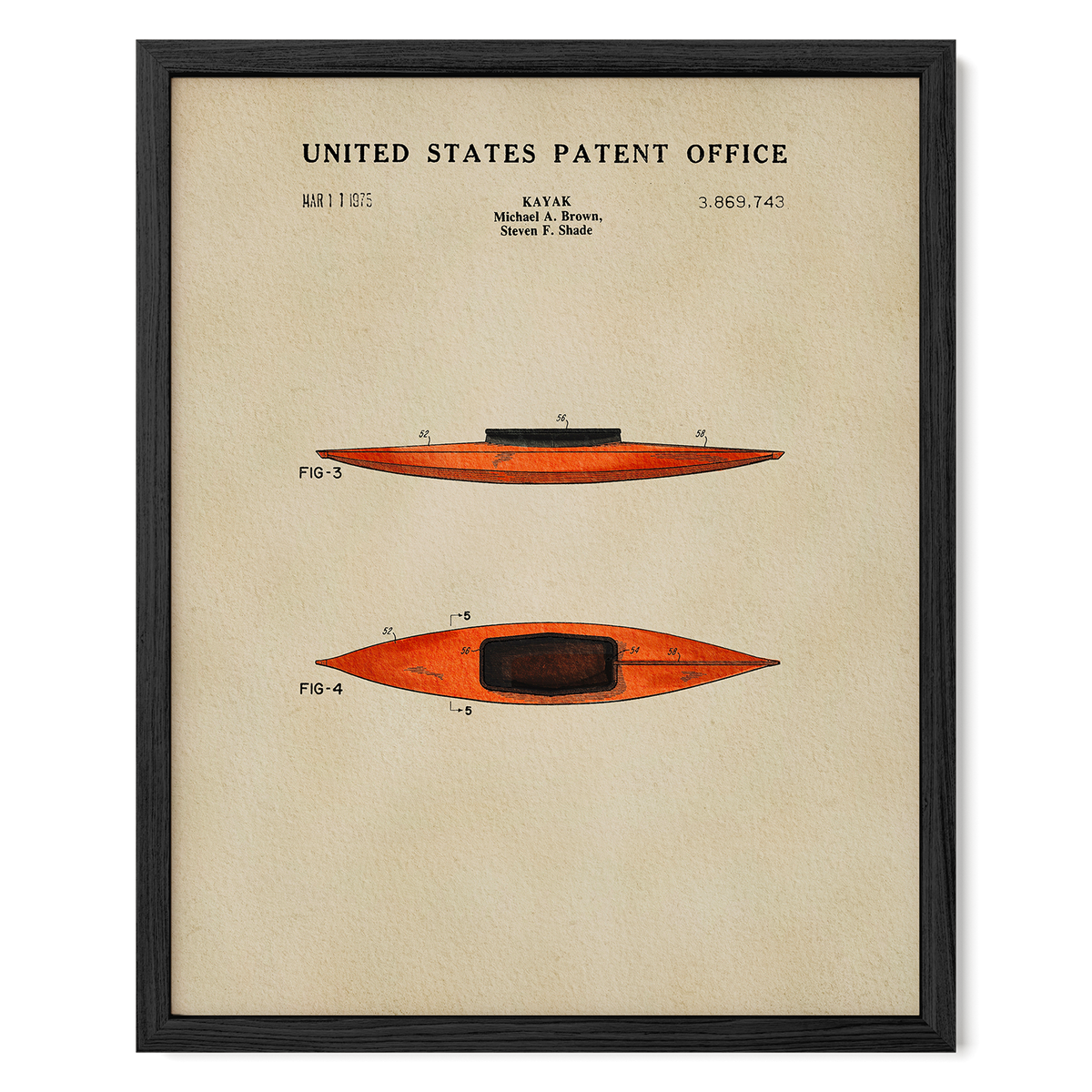 The image is a framed vintage patent drawing of a kayak, depicting two different designs of the kayak.