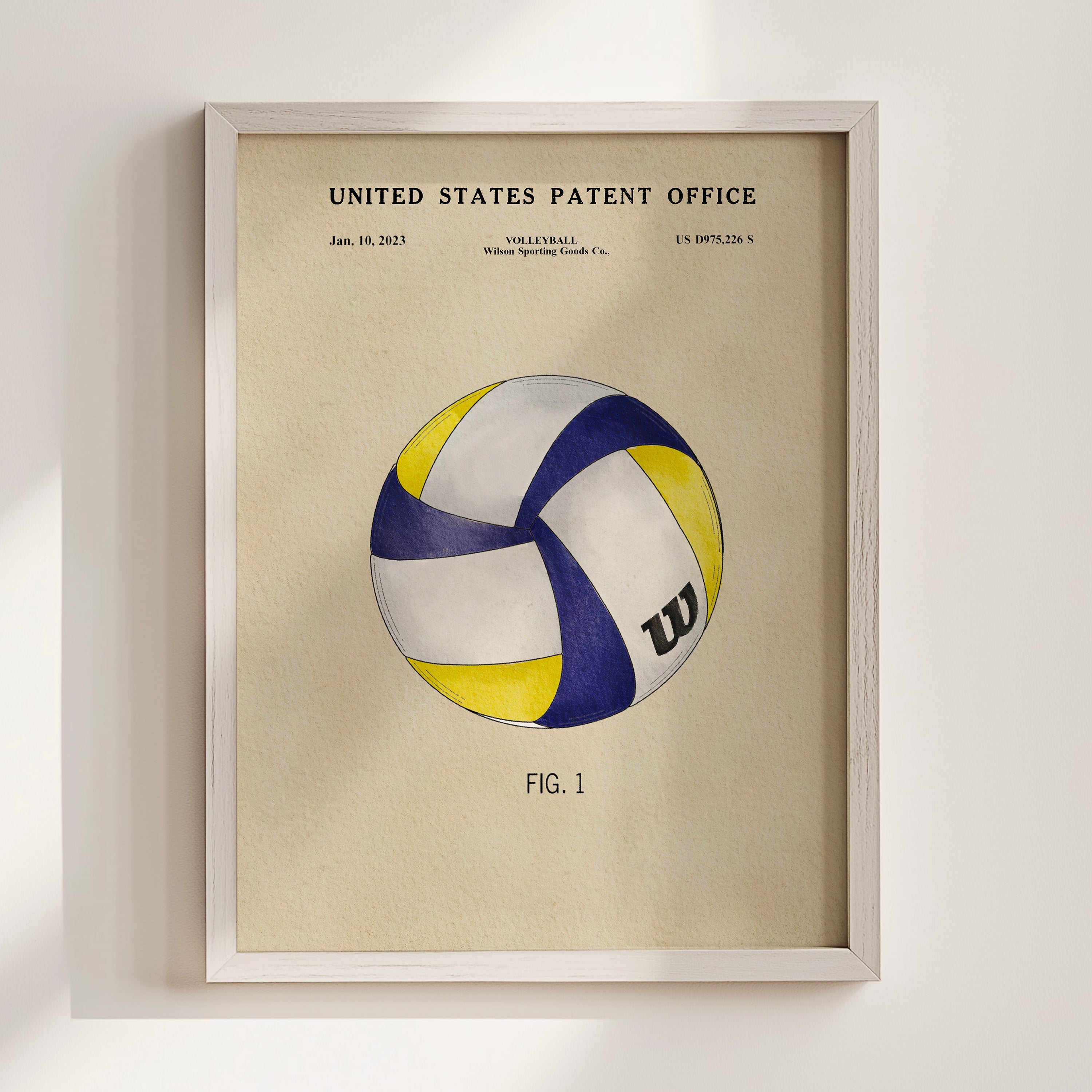 The image is a framed print of a volleyball patent from the United States Patent Office, dated January 10, 2013, and featuring a drawing of a volleyball.