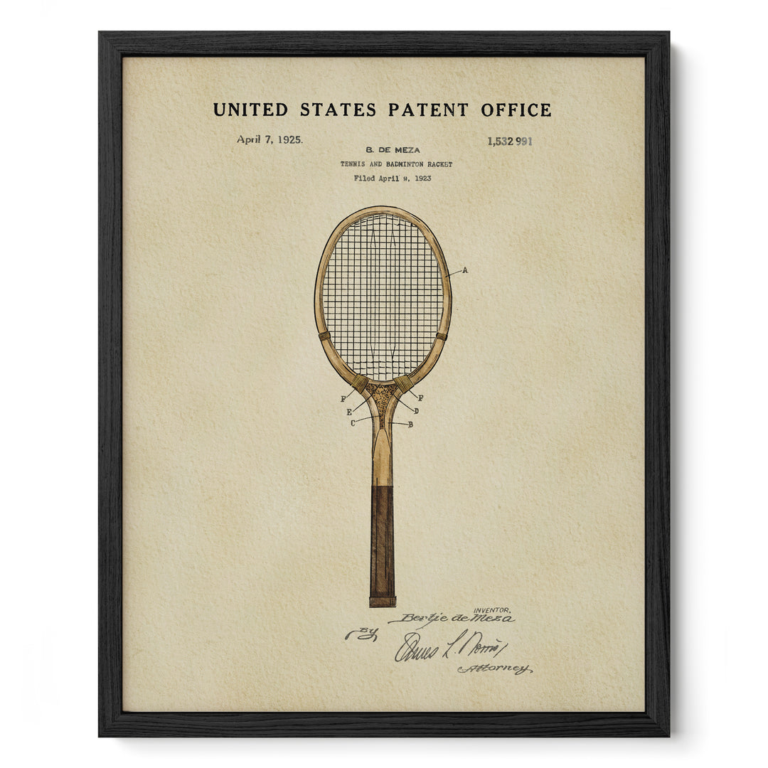 The image is a framed print of a patent application for a tennis racket, dated April 7, 1925.
