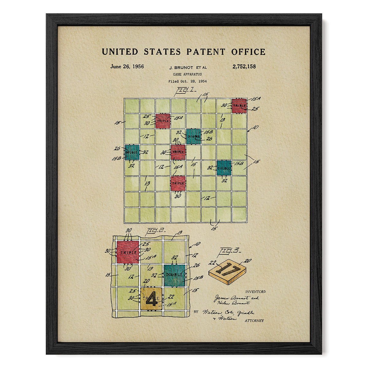 The image is a framed print of a United States patent office patent from June 26, 1956, titled "Triangle Game". The print features a detailed technical drawing and diagram of a triangle-shaped game board with various colored squares and a wooden block.