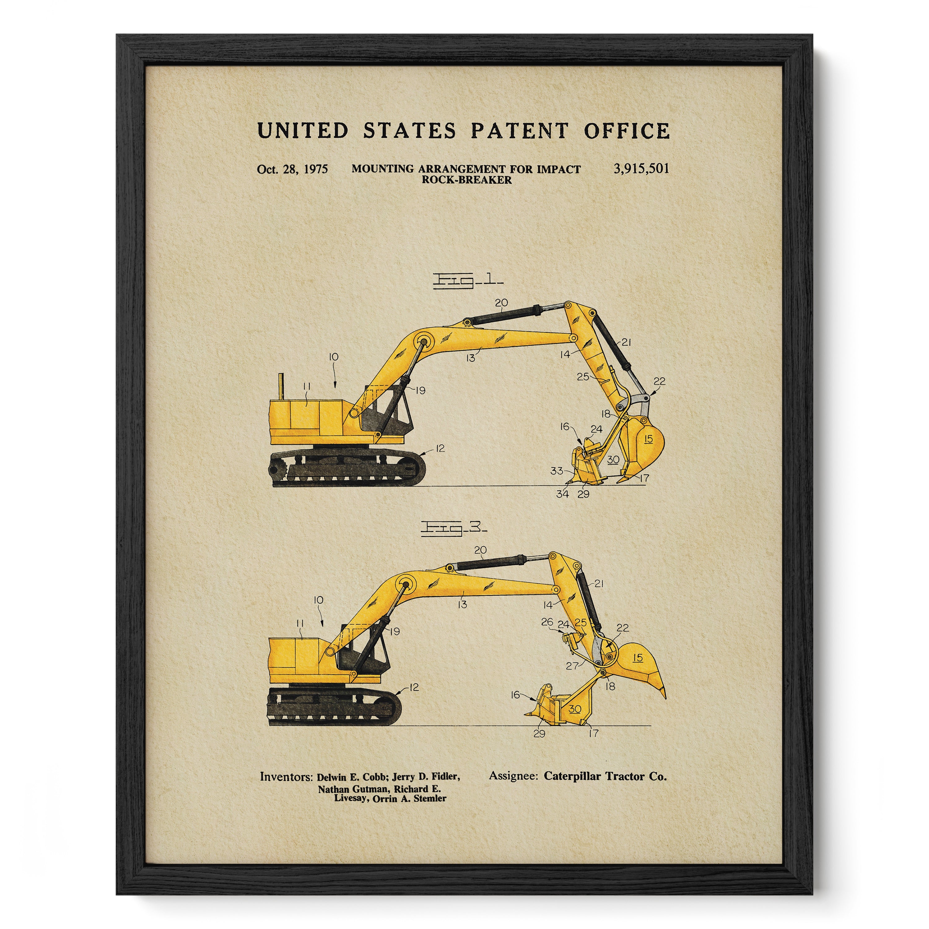 The image is a framed patent illustration depicting a yellow CAT 3,500-501 rock-breaker.