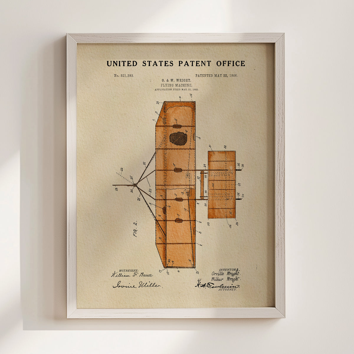 The image is a framed patent drawing depicting a wooden structure with a clock, likely a clock tower or a similar architectural design.