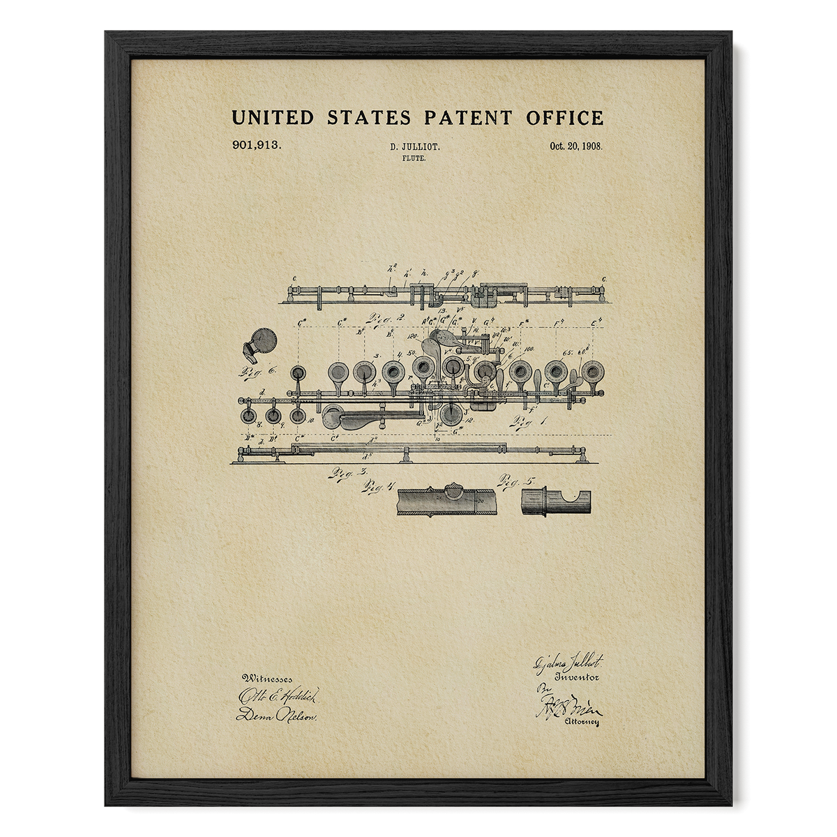 The image is a framed patent drawing from the United States Patent Office, depicting a musical instrument with detailed technical drawings and annotations.