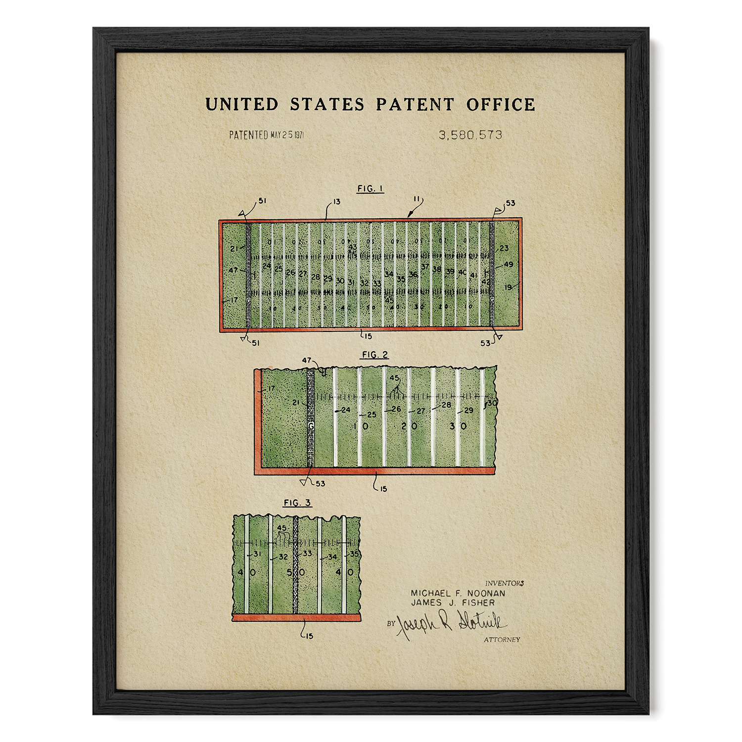The image is a framed patent drawing depicting a football field with various markings and dimensions.