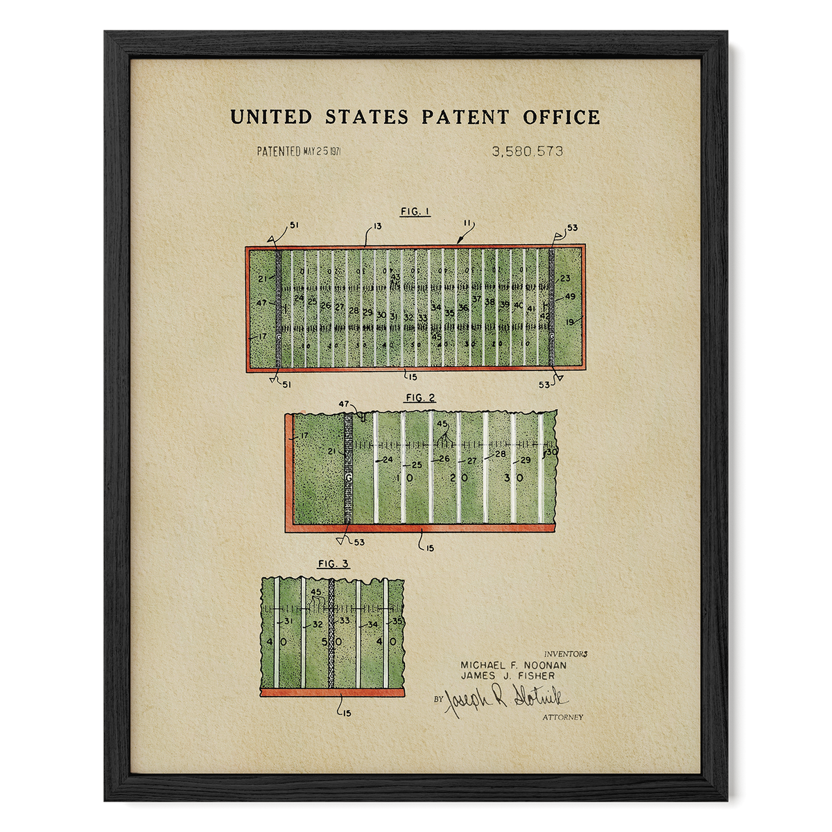 The image is a framed patent drawing depicting a football field with various markings and dimensions.