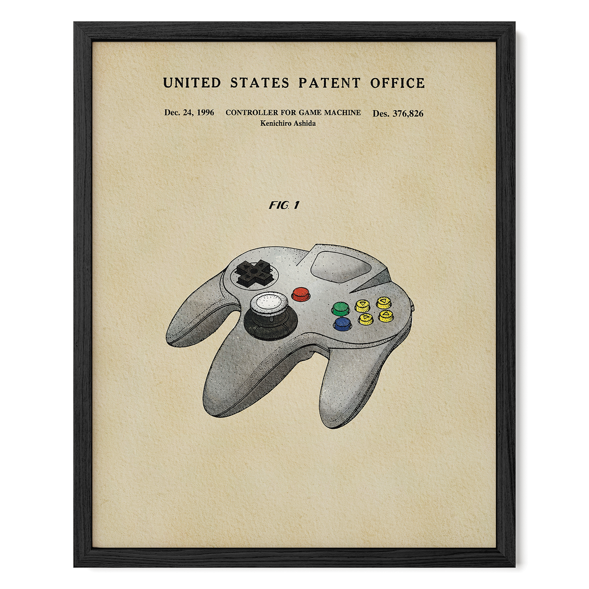The image is a framed poster depicting a Nintendo 64 controller, which is a classic video game console.