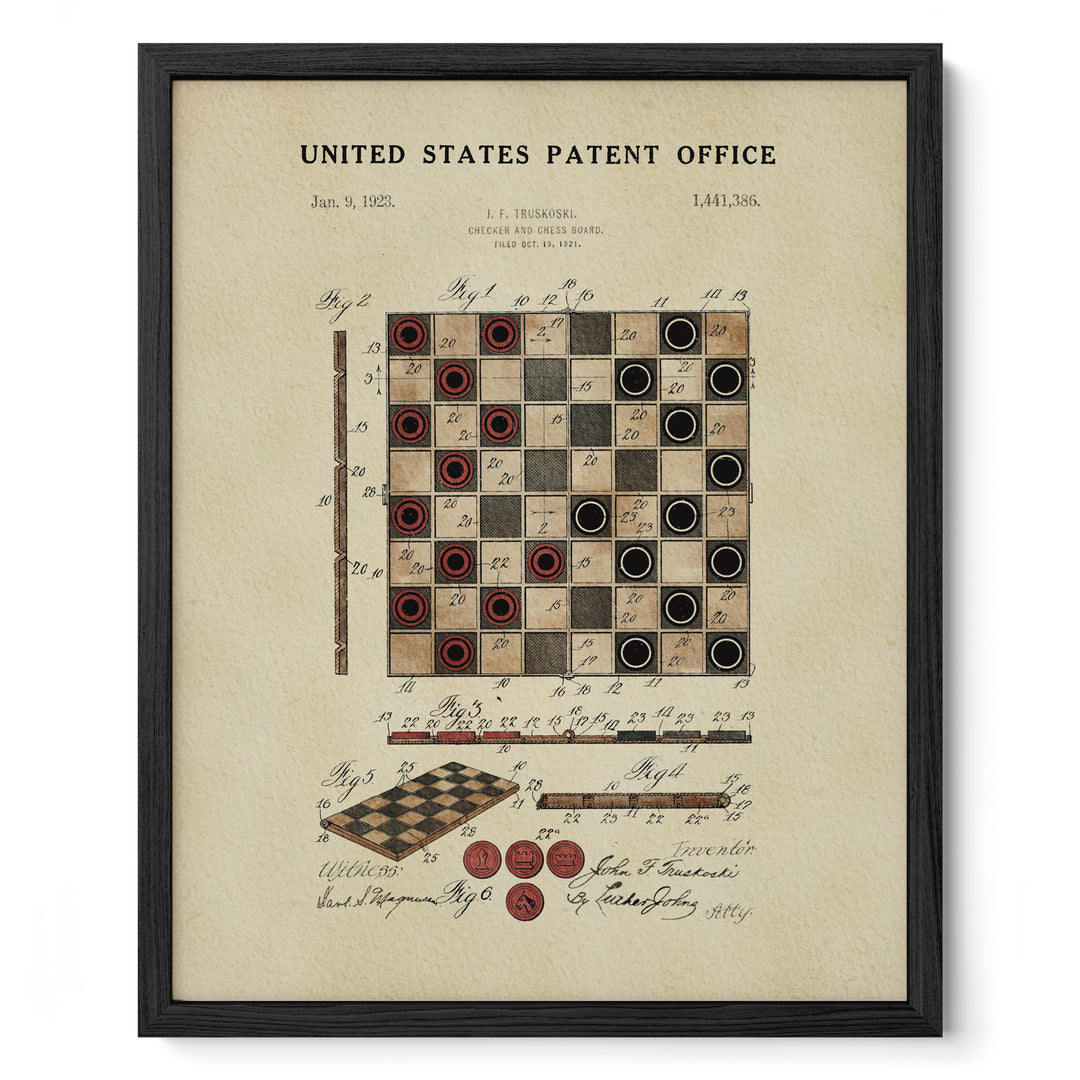 The image is a framed print depicting a checkerboard with red and black checkers, along with a diagram and text related to the United States Patent Office.