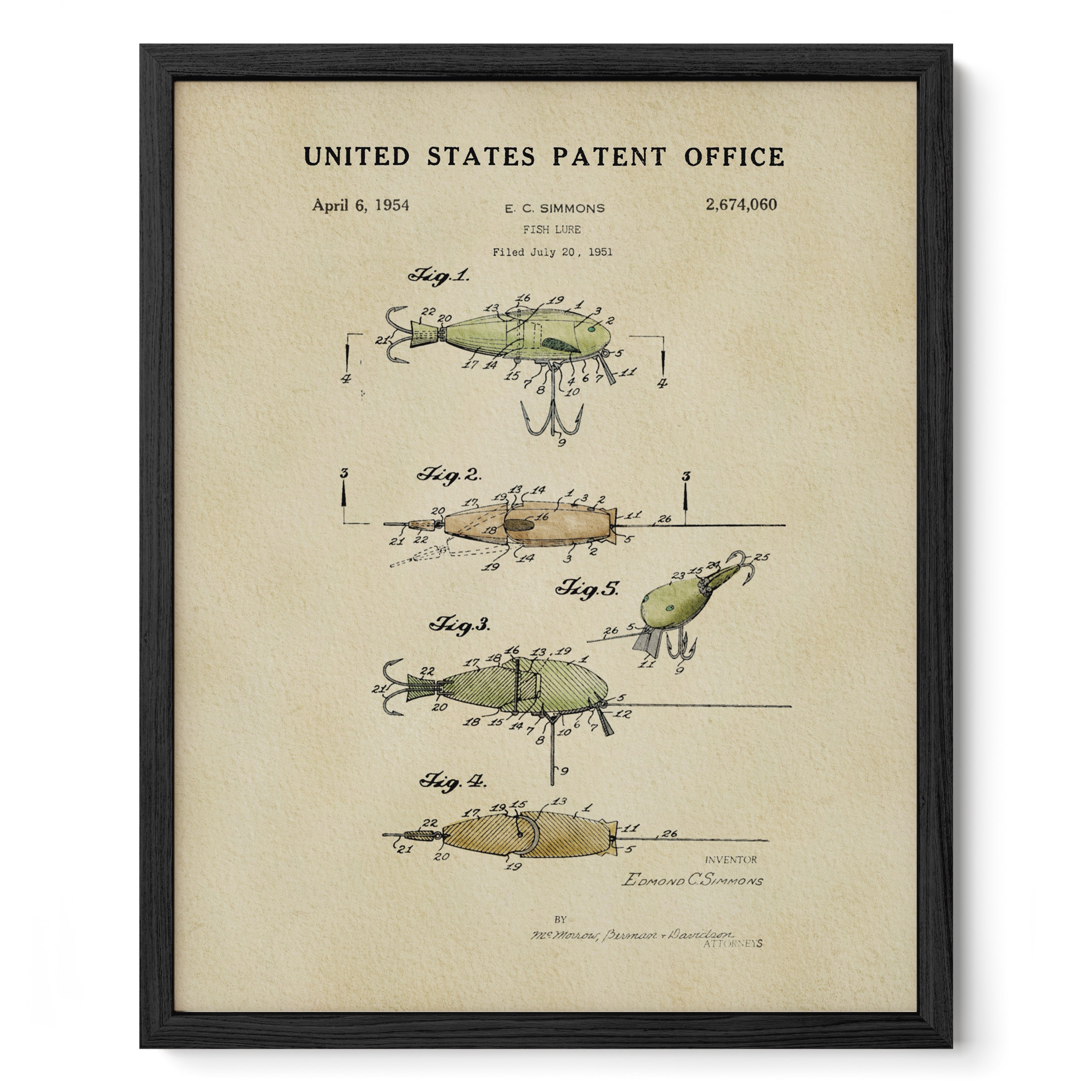 The image is a framed patent drawing depicting a fishing lure from the United States Patent Office in 1954.