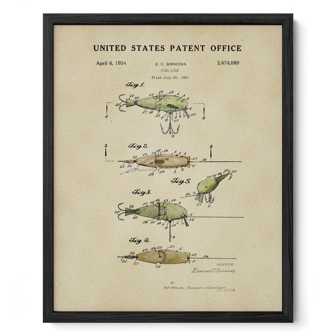 The image is a framed patent drawing depicting a fishing lure from the United States Patent Office in 1954.