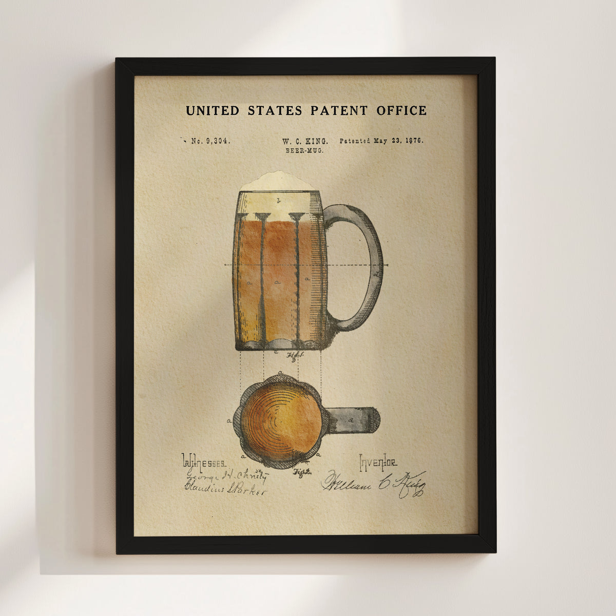 The image is a framed print depicting a beer mug with a detailed illustration of the mug and its contents.