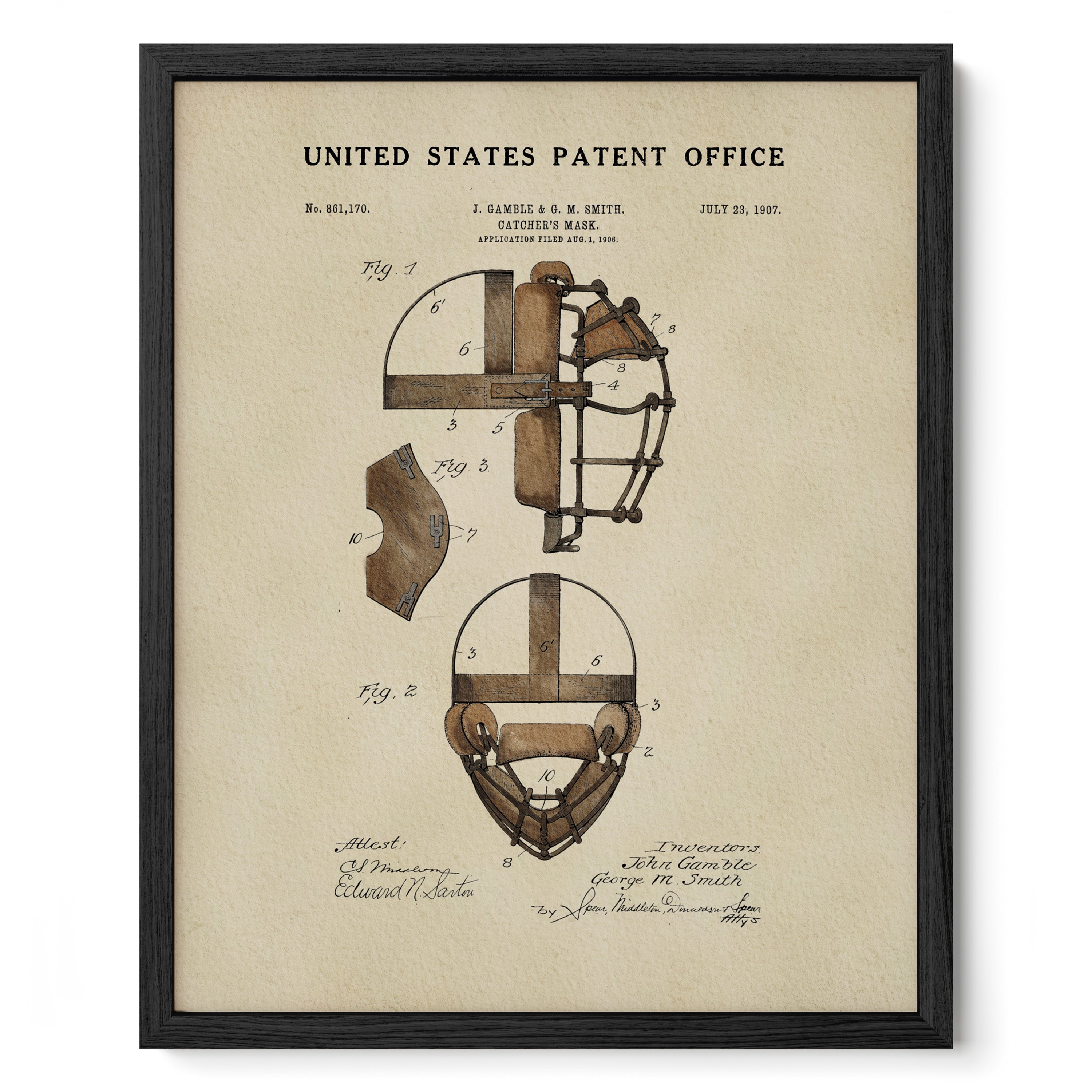 The image is a framed vintage patent drawing depicting a baseball helmet, with detailed technical drawings and annotations.
