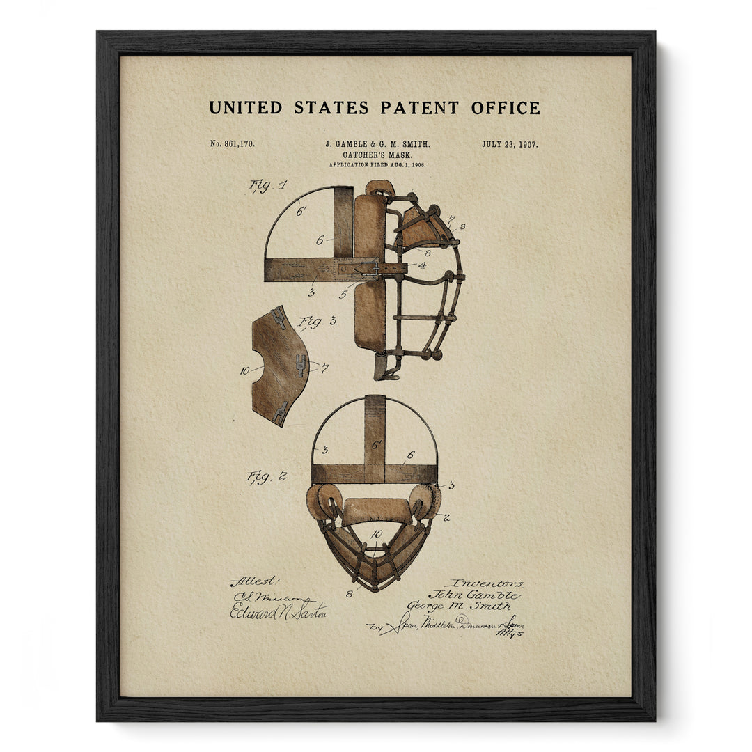The image is a framed vintage patent drawing depicting a baseball helmet, with detailed technical drawings and annotations.