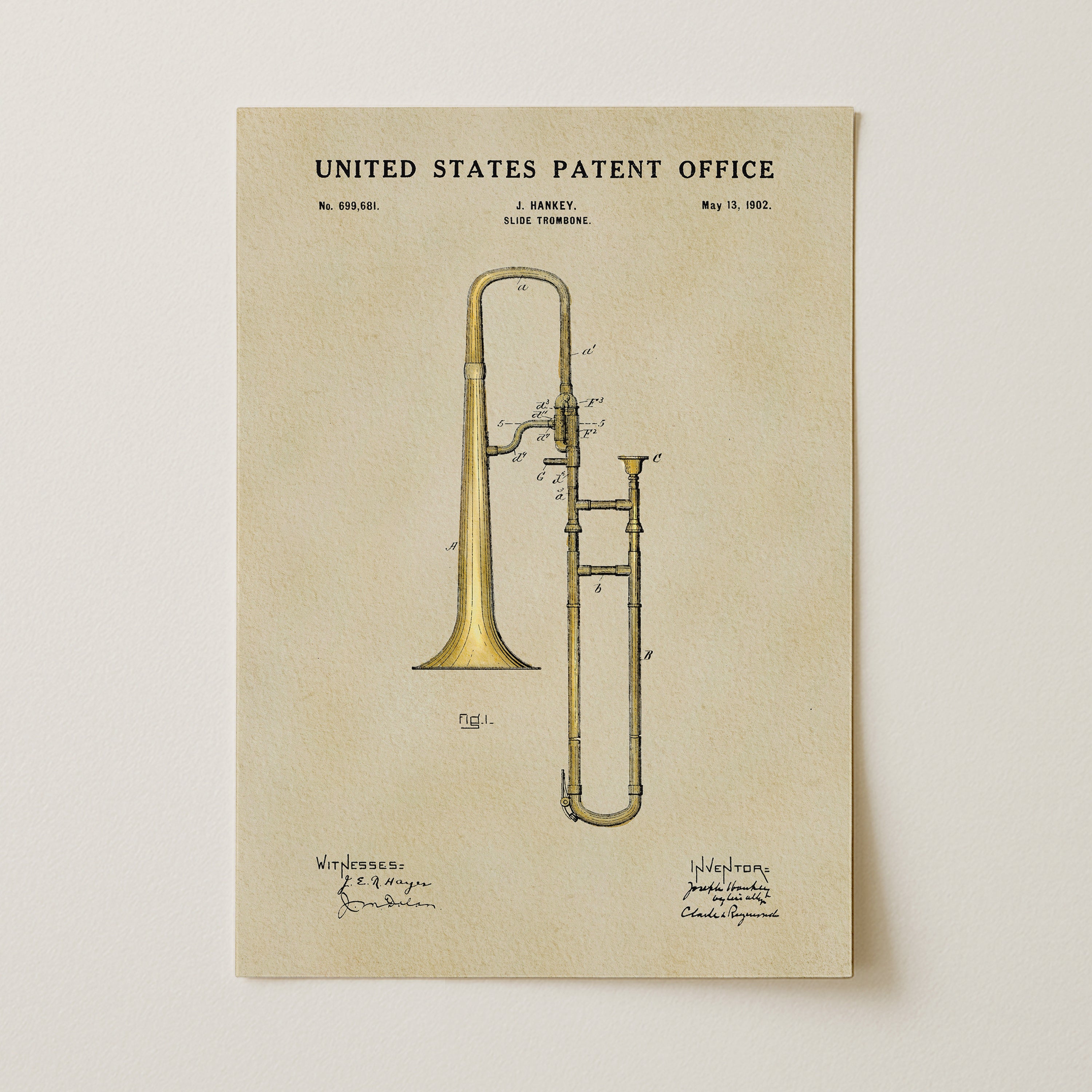 The image is a patent drawing of a trombone, depicting the instrument in a detailed and technical manner.