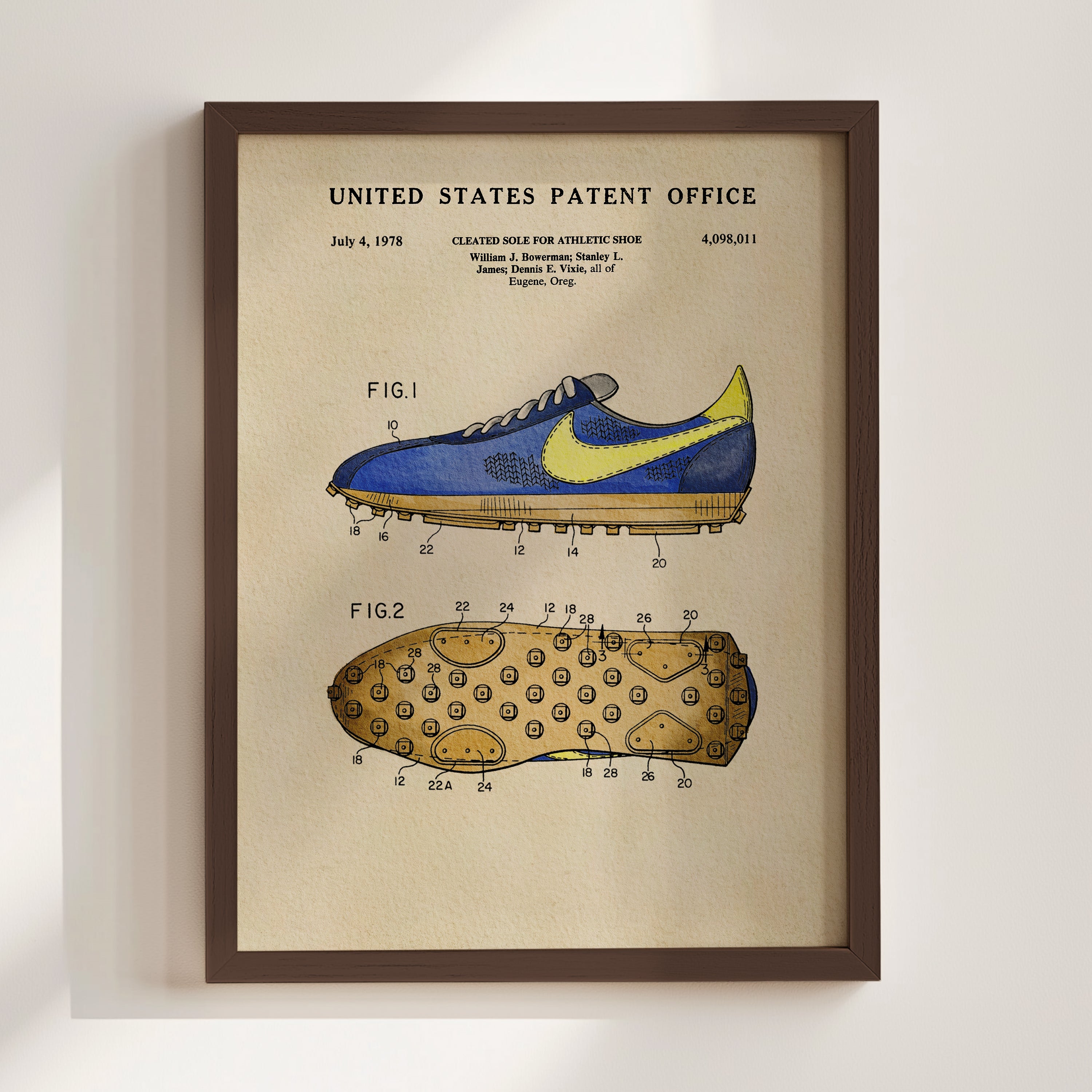The image is a framed patent drawing depicting a blue and yellow athletic shoe, with detailed technical drawings and labels.