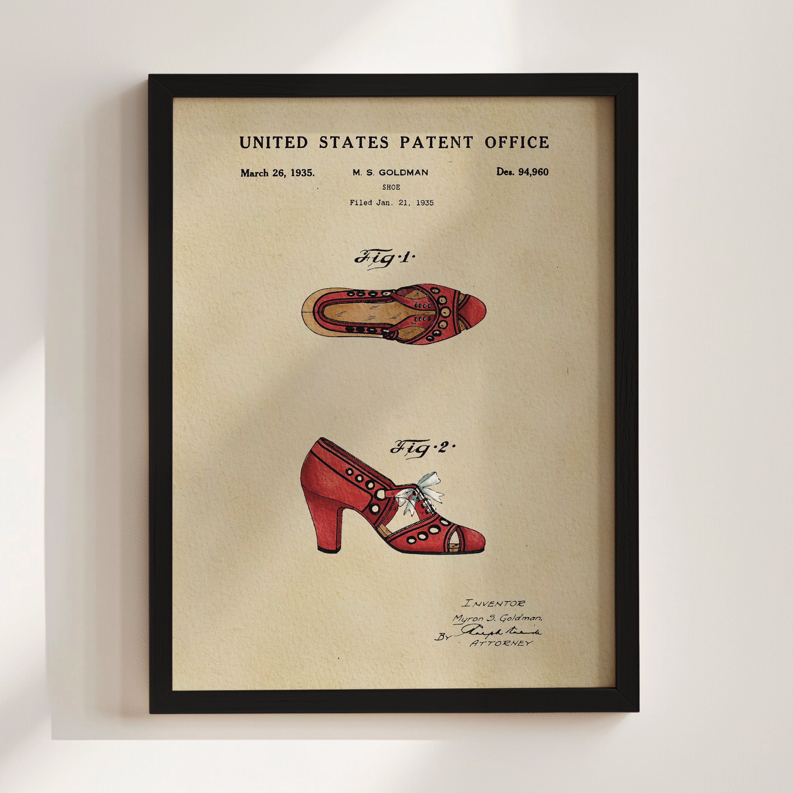 The image is a patent application from the United States Patent Office dated March 26, 1935, filing 22, 1935. It features a pair of red high-heeled shoes with decorative elements.