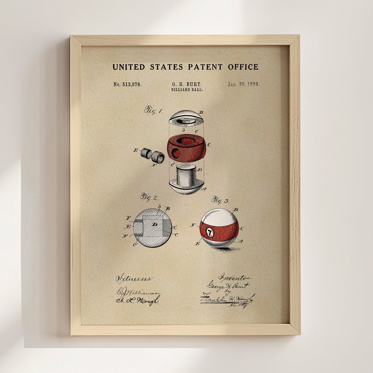 The image is a framed patent drawing depicting a pool table with various components, including a ball, a net, and a pocket.