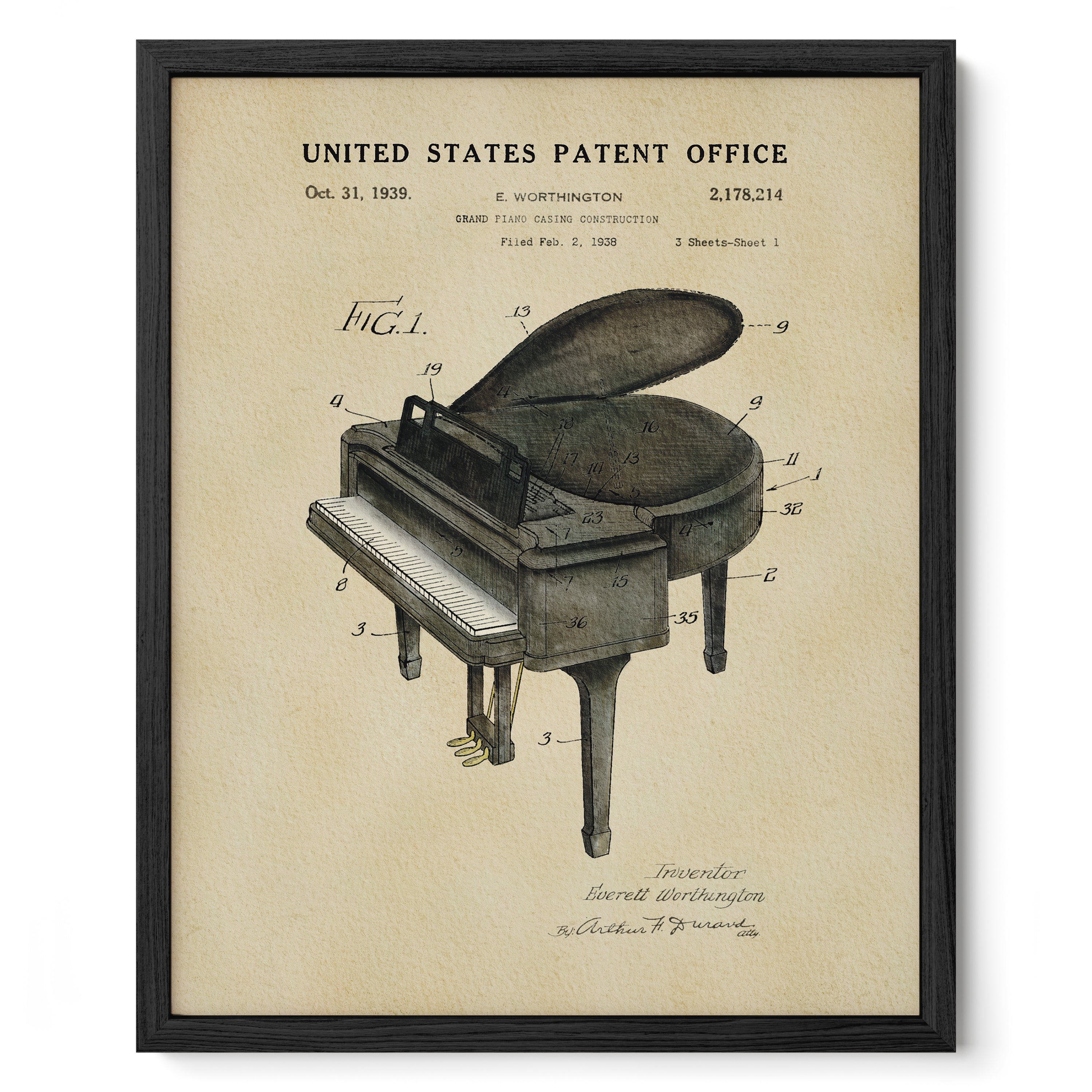 The image is a framed print of a patent application for a grand piano, dated October 31, 1929.