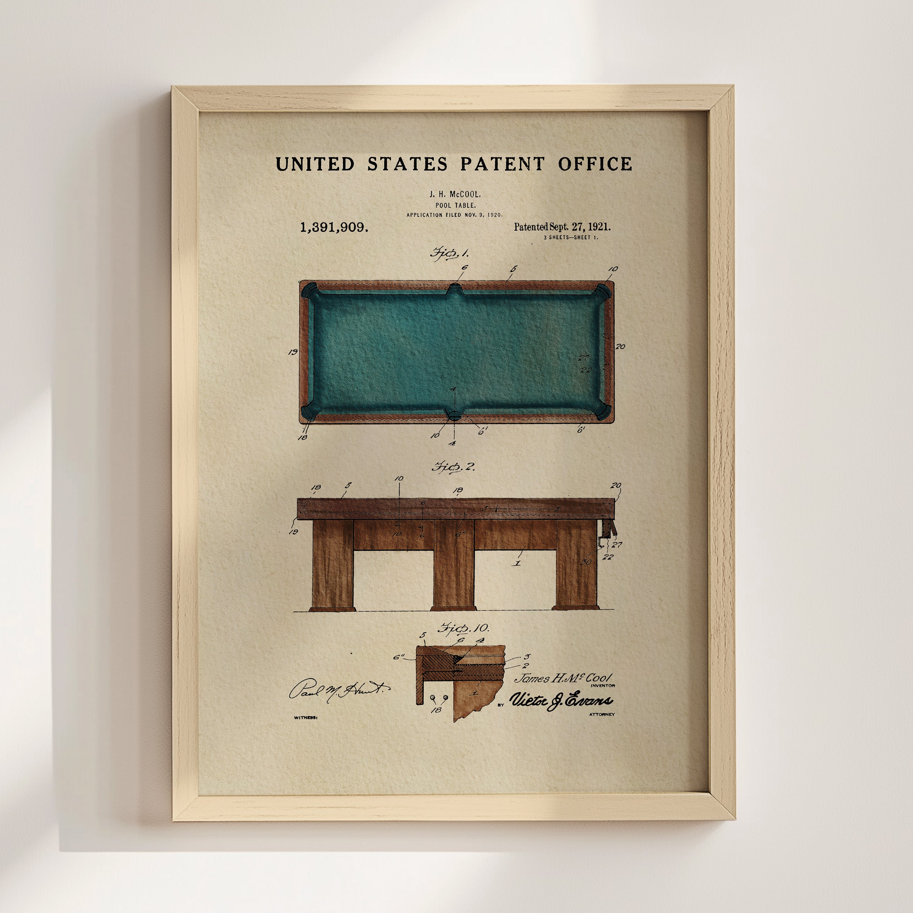 The image is a framed patent drawing of a pool table, depicting the design and construction of the table.