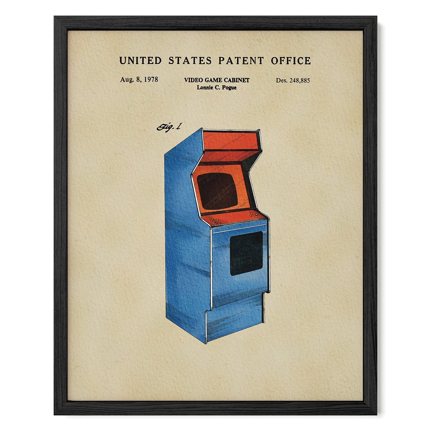 The image is a framed patent drawing of a video game cabinet from the United States Patent Office, dated August 8, 1978.