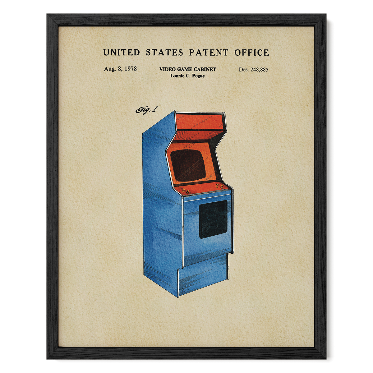 The image is a framed patent drawing of a video game cabinet from the United States Patent Office, dated August 8, 1978.